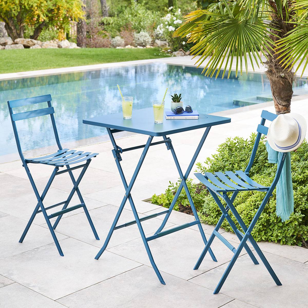 Hesperide - Table haute pliante de jardin "Greensboro" bleu canard 2 places en acier traité époxy Hespéride - Image 5