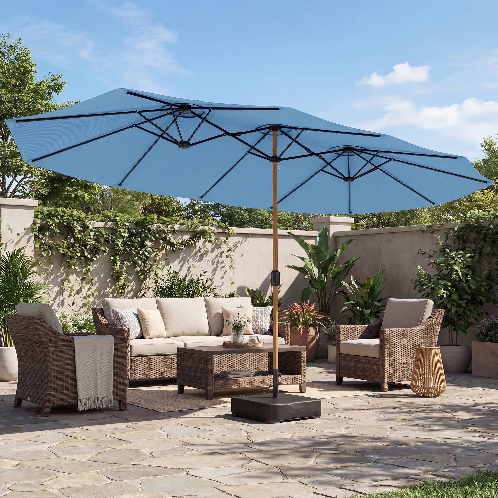 Parasol de jardin double 5x3 m parasol d'extérieur avec base - Polyester Bleu fr245 - Image 4