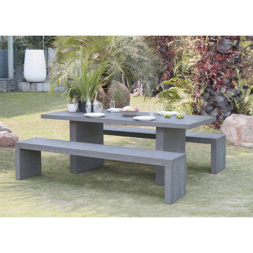 Macabane - HECTOR - Ensemble de jardin béton 8 pers - table 200*90 cm et 2 bancs - Image 2