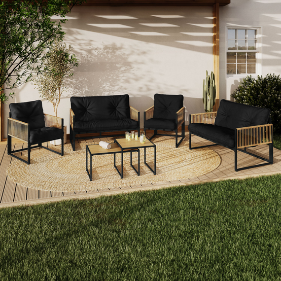 Salon de jardin bas RIO 6 places structure métal noir, cordage effet rotin clair et coussins noirs - Image 1