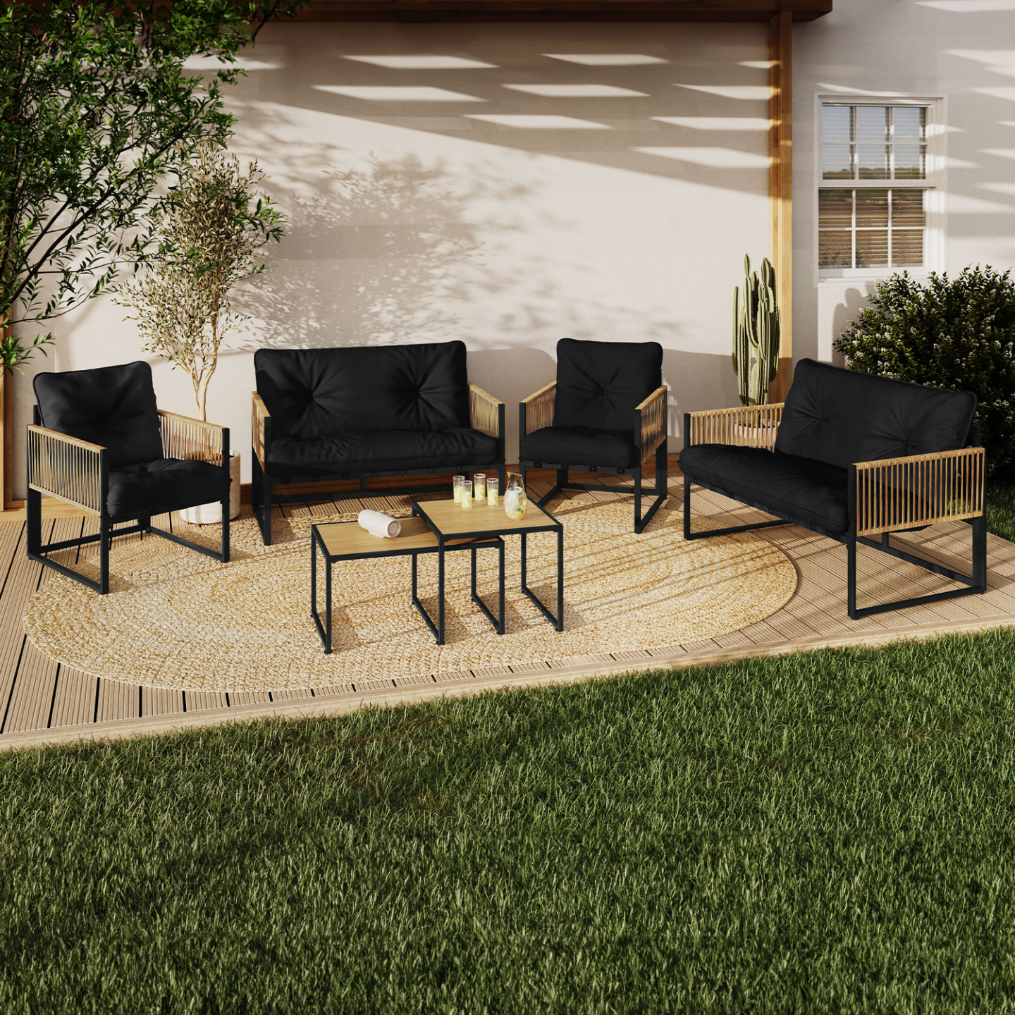 Salon de jardin bas RIO 6 places structure métal noir, cordage effet rotin clair et coussins noirs - Image 1