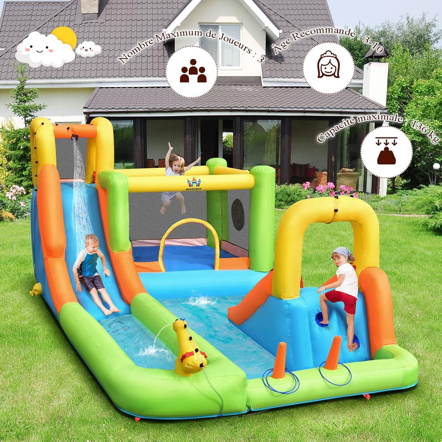 Structure Gonflable 8 en 1 avec Toboggans, Charge 135kg pour 3 Enfants de 3-10 Ans (souffleur 680W) - Image 1