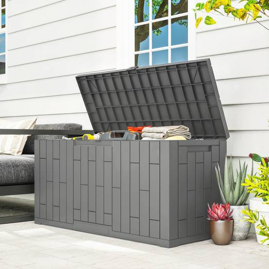 Coffre de jardin 227L résine effet bois gris terrasse étanche 106x43x54cm - ComfortXL Outdoor Living - Image 3