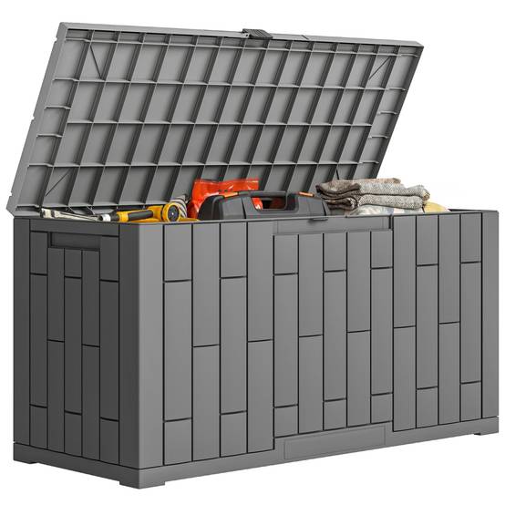 Coffre de jardin 227L résine effet bois gris terrasse étanche 106x43x54cm - ComfortXL Outdoor Living - Image 1
