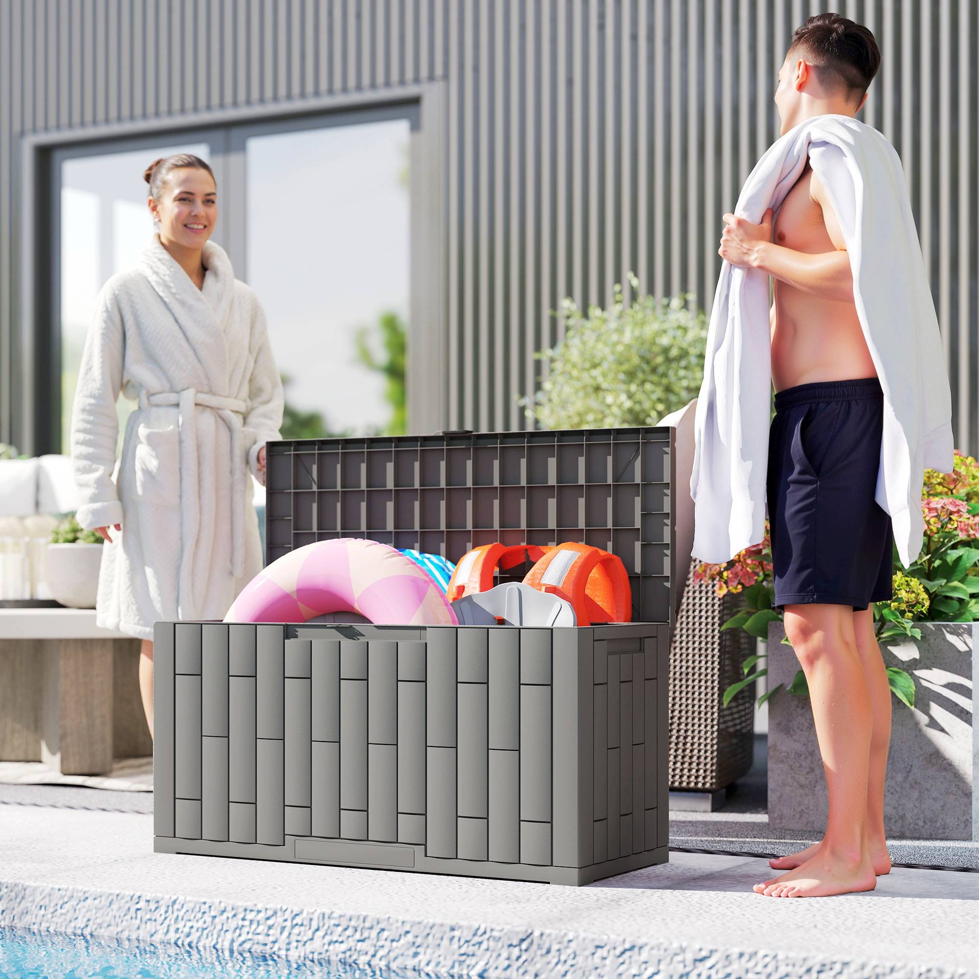 Coffre de jardin 227L résine effet bois gris terrasse étanche 106x43x54cm - ComfortXL Outdoor Living - Image 10
