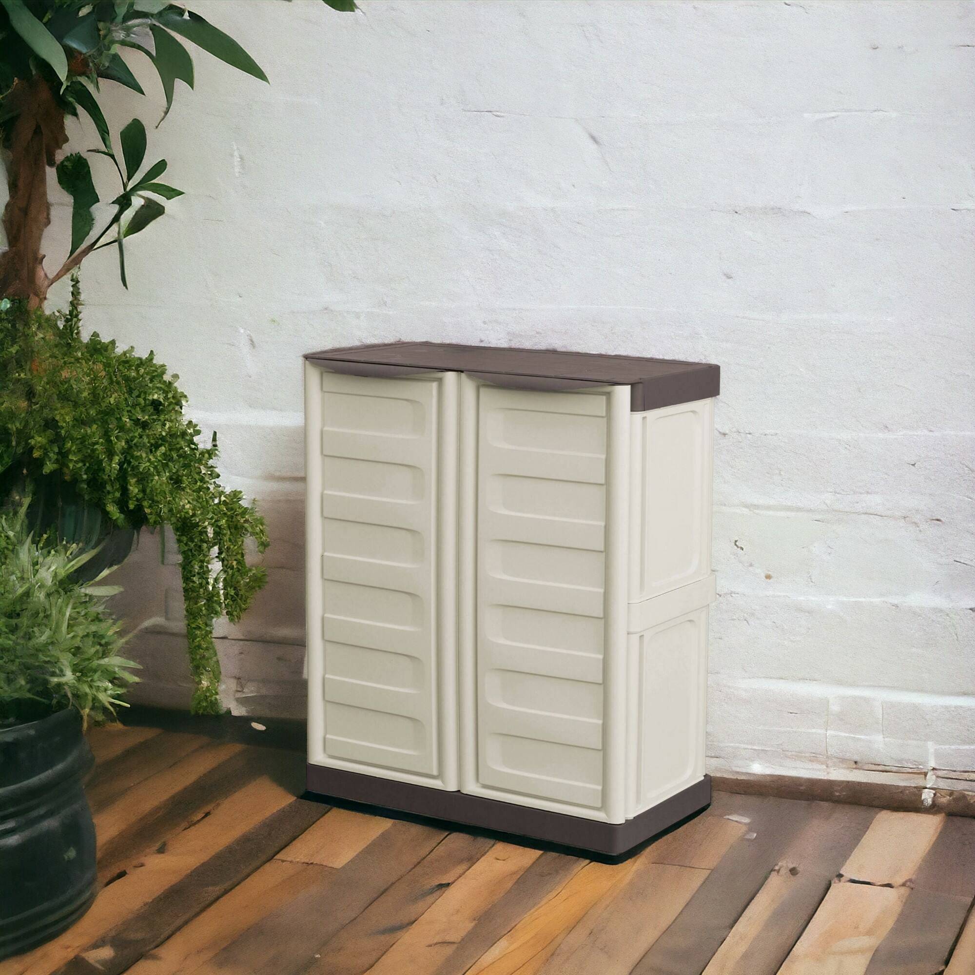 Dmora - Armoire d'extérieur Dambrosi, Armoire de balcon polyvalente, Mobilier d'extérieur avec 2 portes, Beige et Marron, 70x39h86 cm, Finition rayée - Dmora - Image 2