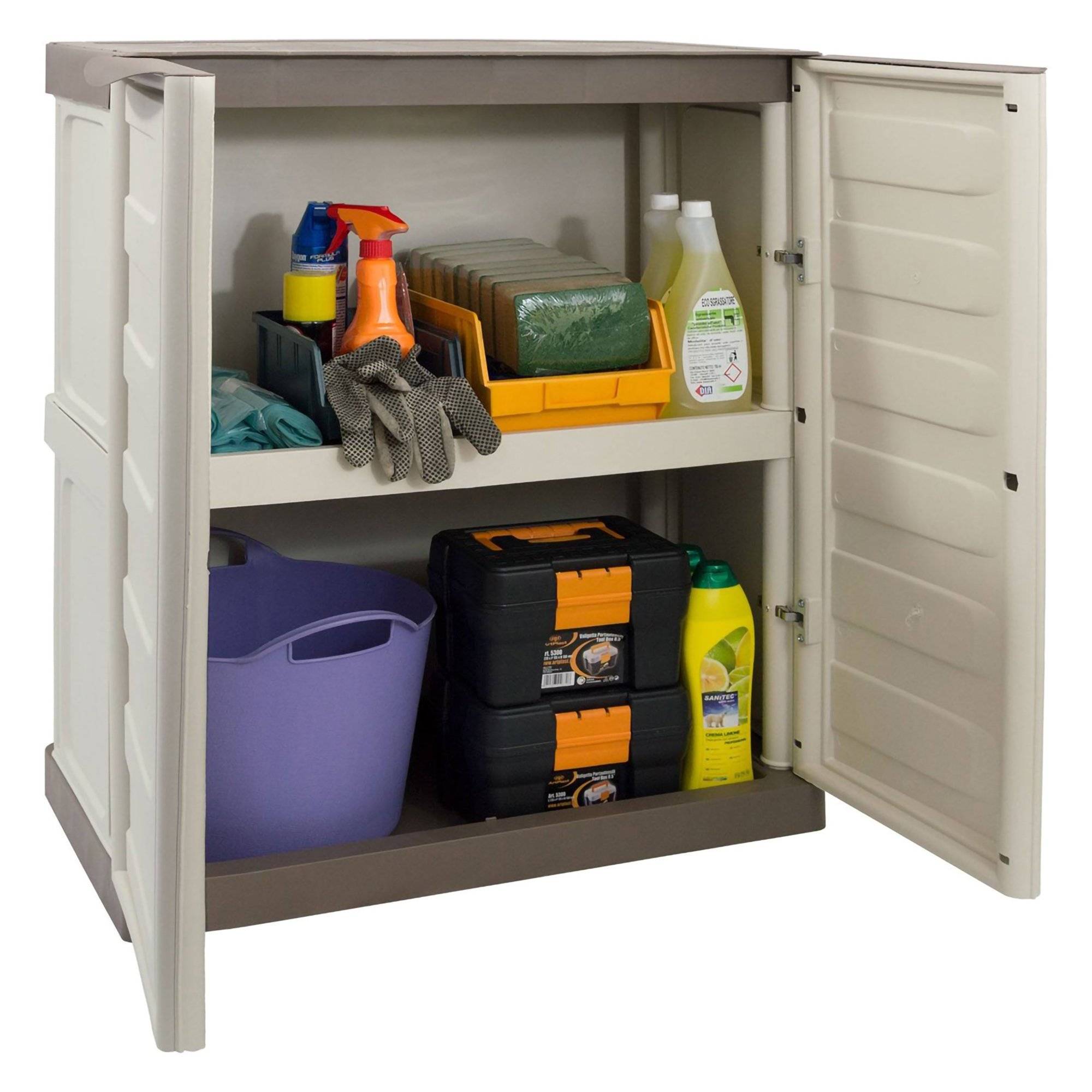 Dmora - Armoire d'extérieur Dambrosi, Armoire de balcon polyvalente, Mobilier d'extérieur avec 2 portes, Beige et Marron, 70x39h86 cm, Finition rayée - Dmora - Image 1