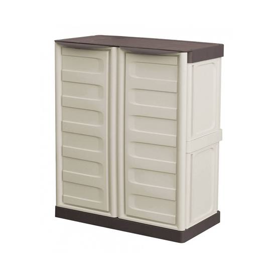 Dmora - Armoire d'extérieur Dambrosi, Armoire de balcon polyvalente, Mobilier d'extérieur avec 2 portes, Beige et Marron, 70x39h86 cm, Finition rayée - Dmora - Image 1