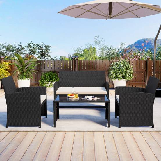 Ensemble de Salon de Jardin en Rotin PE 4 Pièces Canapé 5 Places en Osier avec Fauteuils et Table Basse en Verre Trempé Blanc MAISON CHIC - Image 2