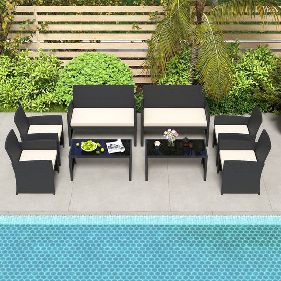 Ensemble de Salon de Jardin en Rotin PE 4 Pièces Canapé 5 Places en Osier avec Fauteuils et Table Basse en Verre Trempé Blanc MAISON CHIC - Image 3