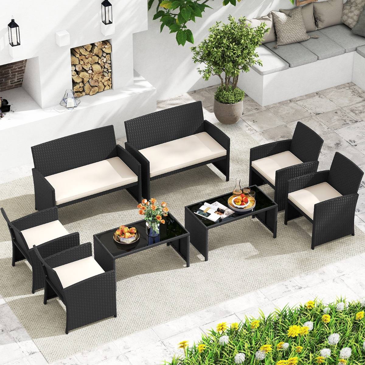 Ensemble de Salon de Jardin en Rotin PE 4 Pièces Canapé 5 Places en Osier avec Fauteuils et Table Basse en Verre Trempé Blanc MAISON CHIC - Image 7