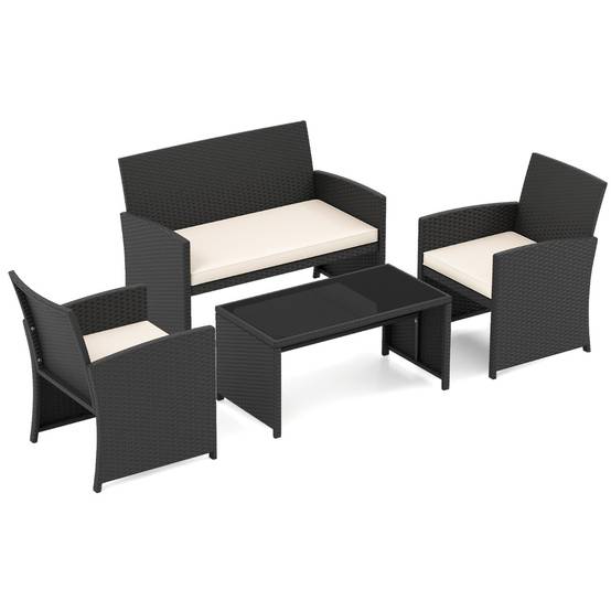 Ensemble de Salon de Jardin en Rotin PE 4 Pièces Canapé 5 Places en Osier avec Fauteuils et Table Basse en Verre Trempé Blanc MAISON CHIC - Image 1