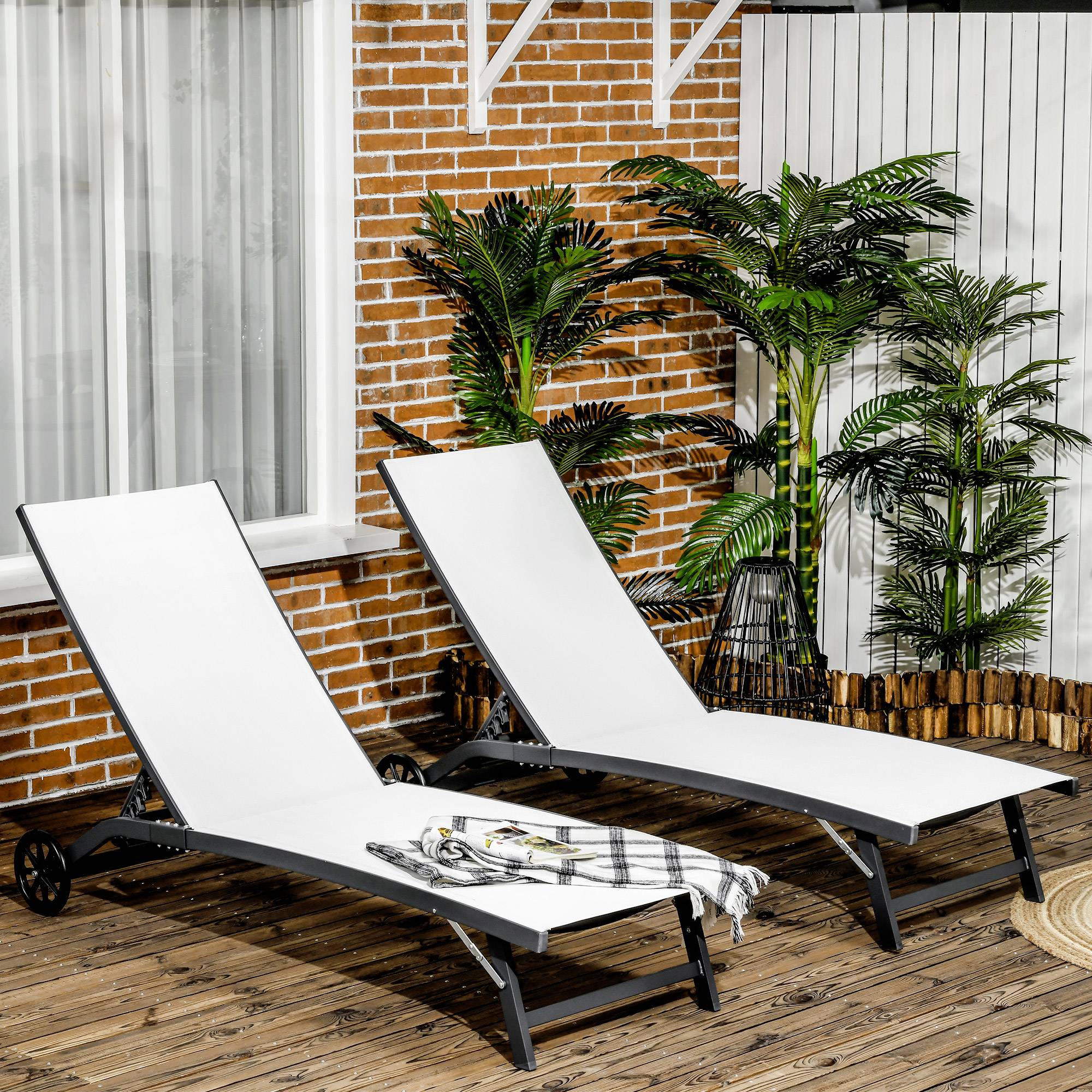 Lot de 2 chaises longues dossier inclinable aluminium respirant 66x165x102 cm crème, transats jardin pliables - Image 4