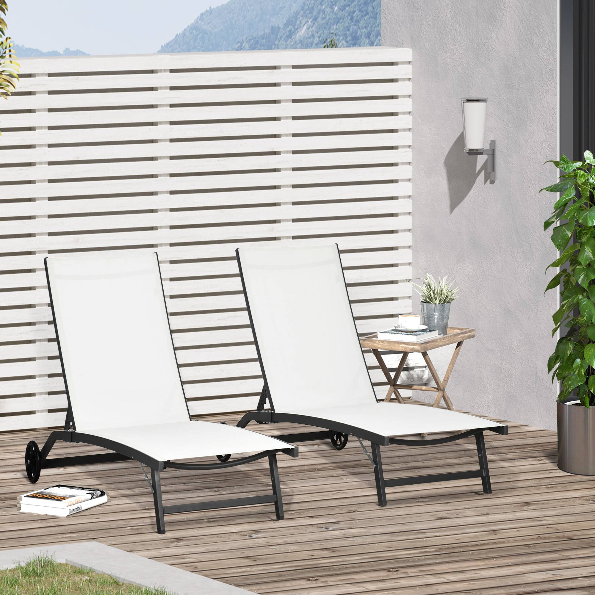 Lot de 2 chaises longues dossier inclinable aluminium respirant 66x165x102 cm crème, transats jardin pliables - Image 3