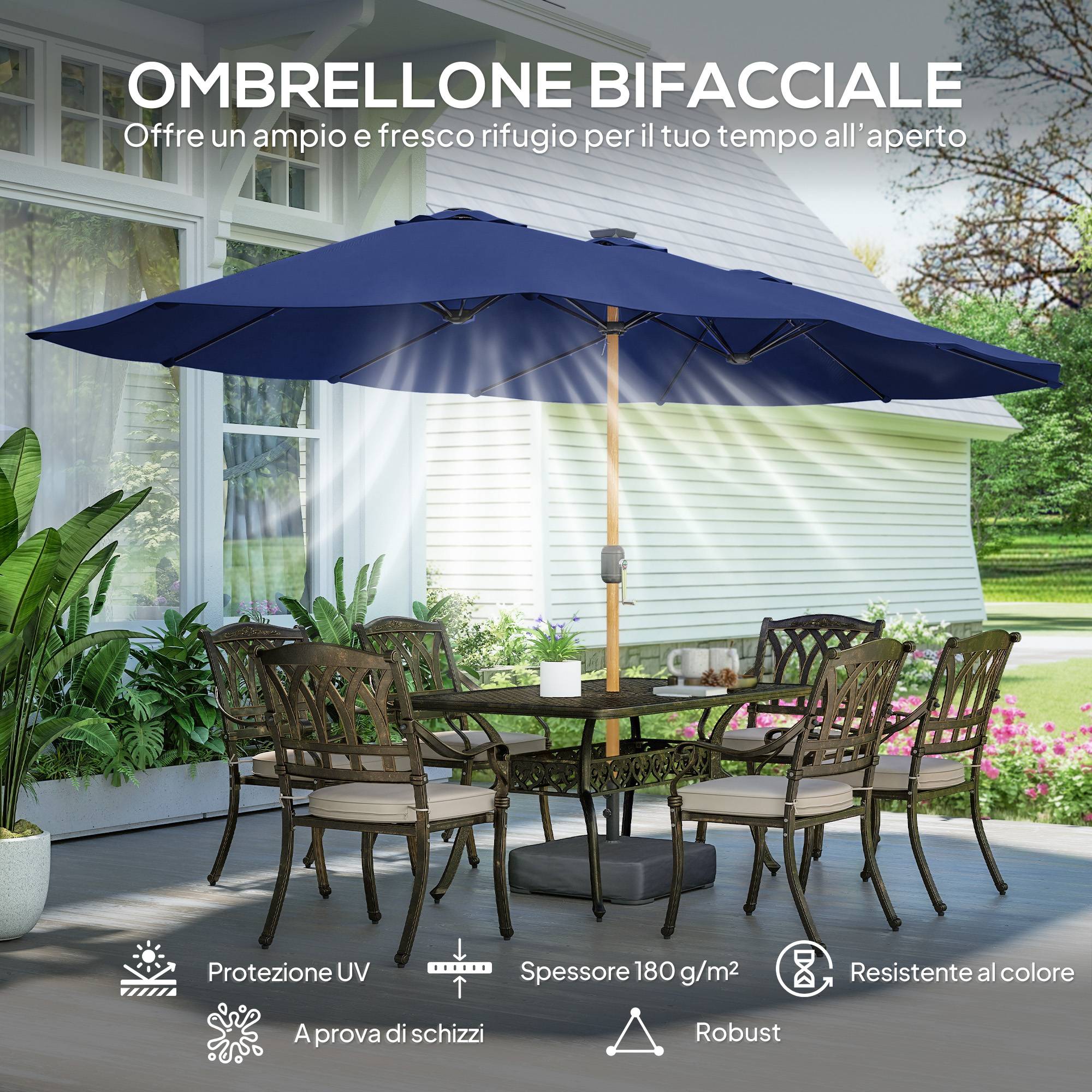 Parasol double à 12 baleines avec manivelle, pied en croix et sacs de lestage, 4,7 x 2,8 m, bleu foncé - Image 6
