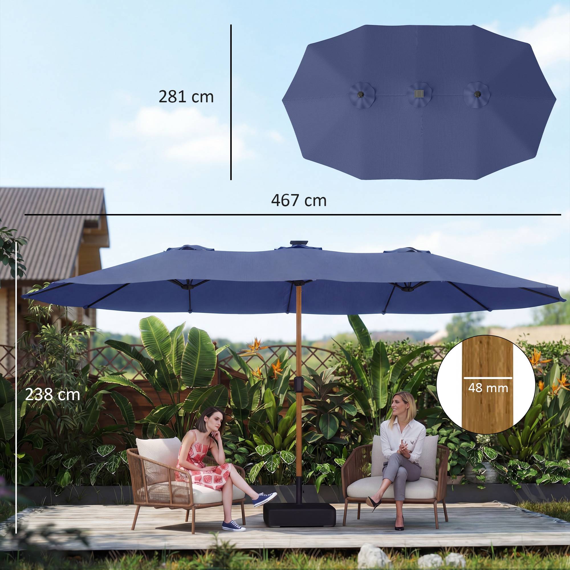 Parasol double à 12 baleines avec manivelle, pied en croix et sacs de lestage, 4,7 x 2,8 m, bleu foncé - Image 5