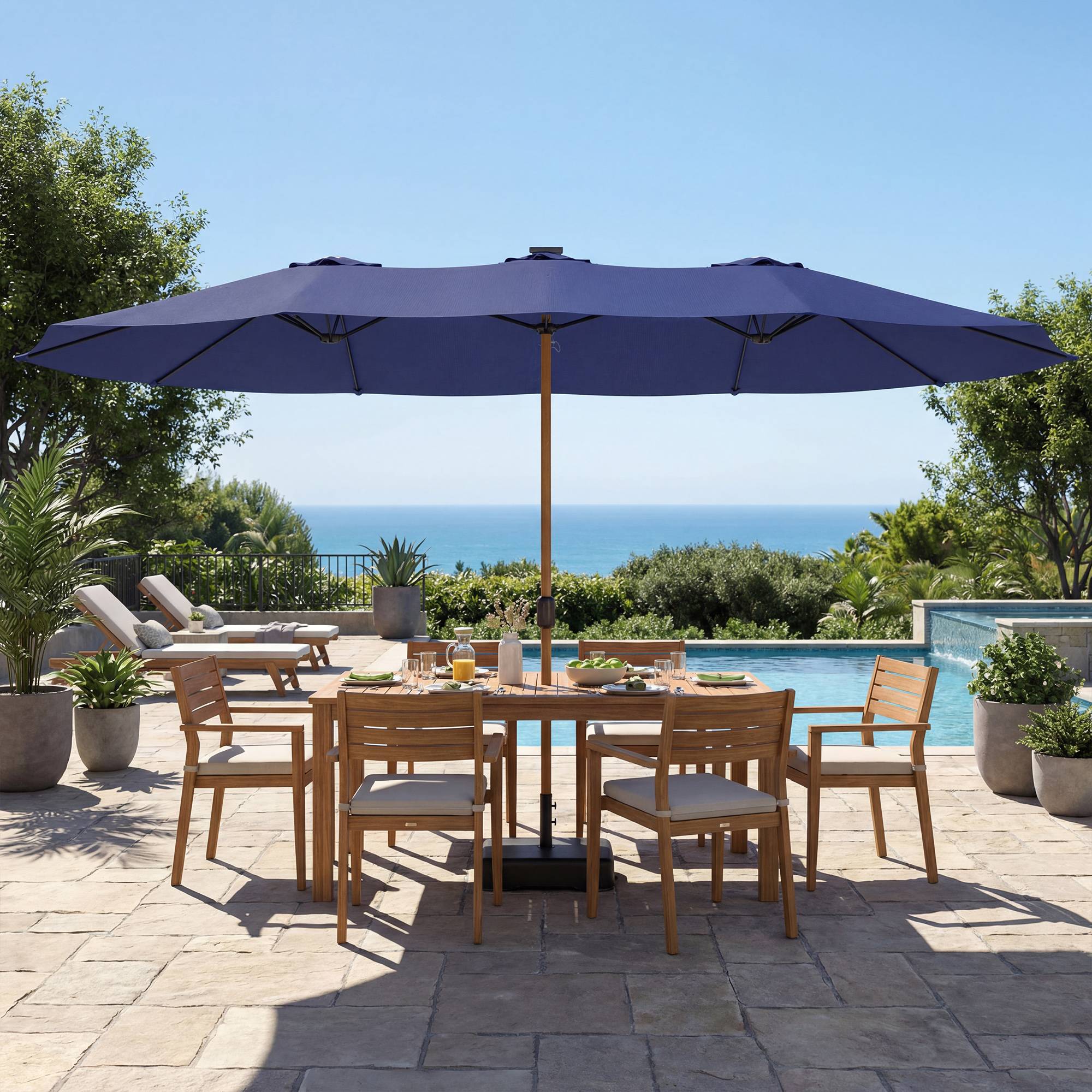 Parasol double à 12 baleines avec manivelle, pied en croix et sacs de lestage, 4,7 x 2,8 m, bleu foncé - Image 3