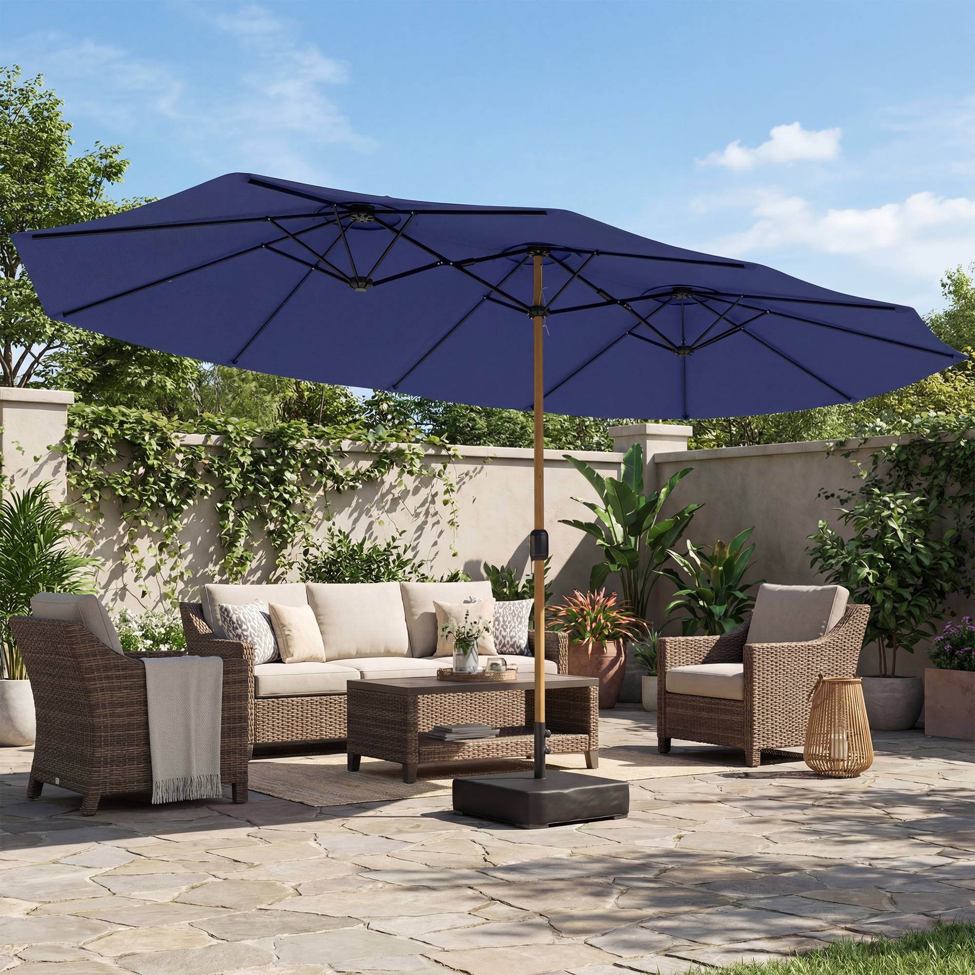 Parasol double à 12 baleines avec manivelle, pied en croix et sacs de lestage, 4,7 x 2,8 m, bleu foncé - Image 4