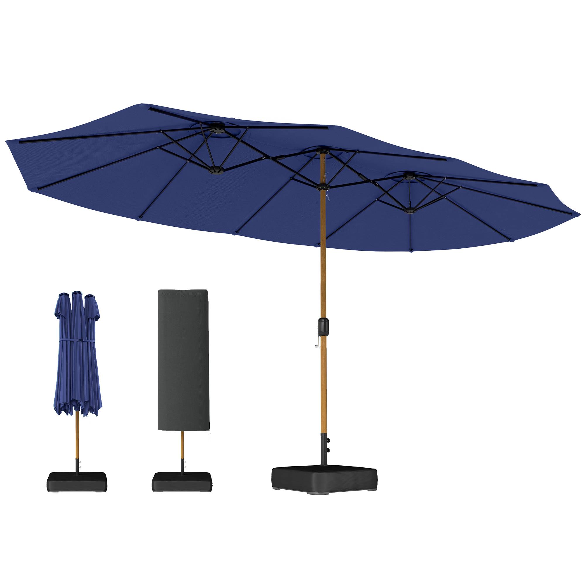 Parasol double à 12 baleines avec manivelle, pied en croix et sacs de lestage, 4,7 x 2,8 m, bleu foncé - Image 1