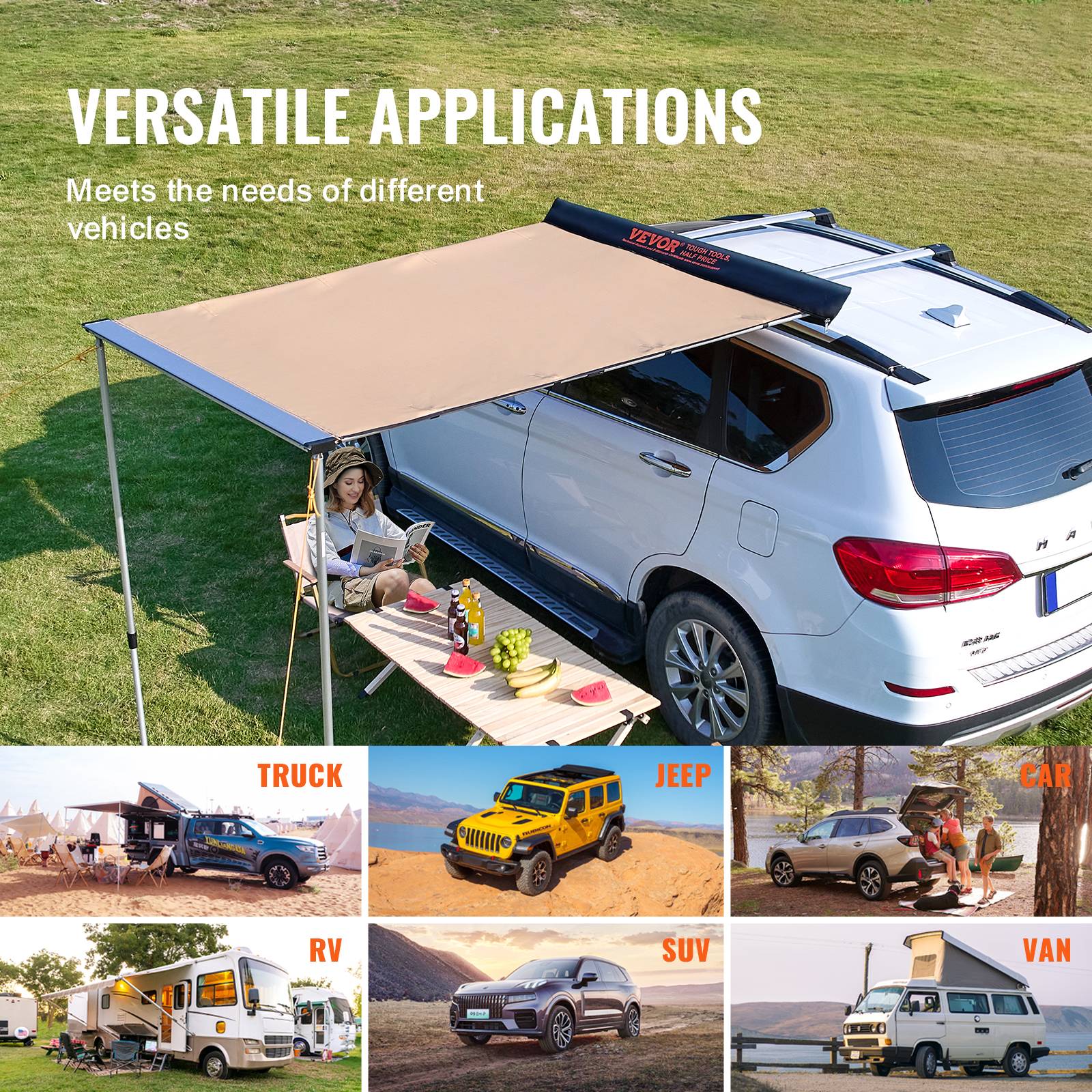 VEVOR Auvent voiture rétractable 1.4x2m, PU résistant UV/eau/vent, avec sac, pour SUV/camping-cars. - Image 6