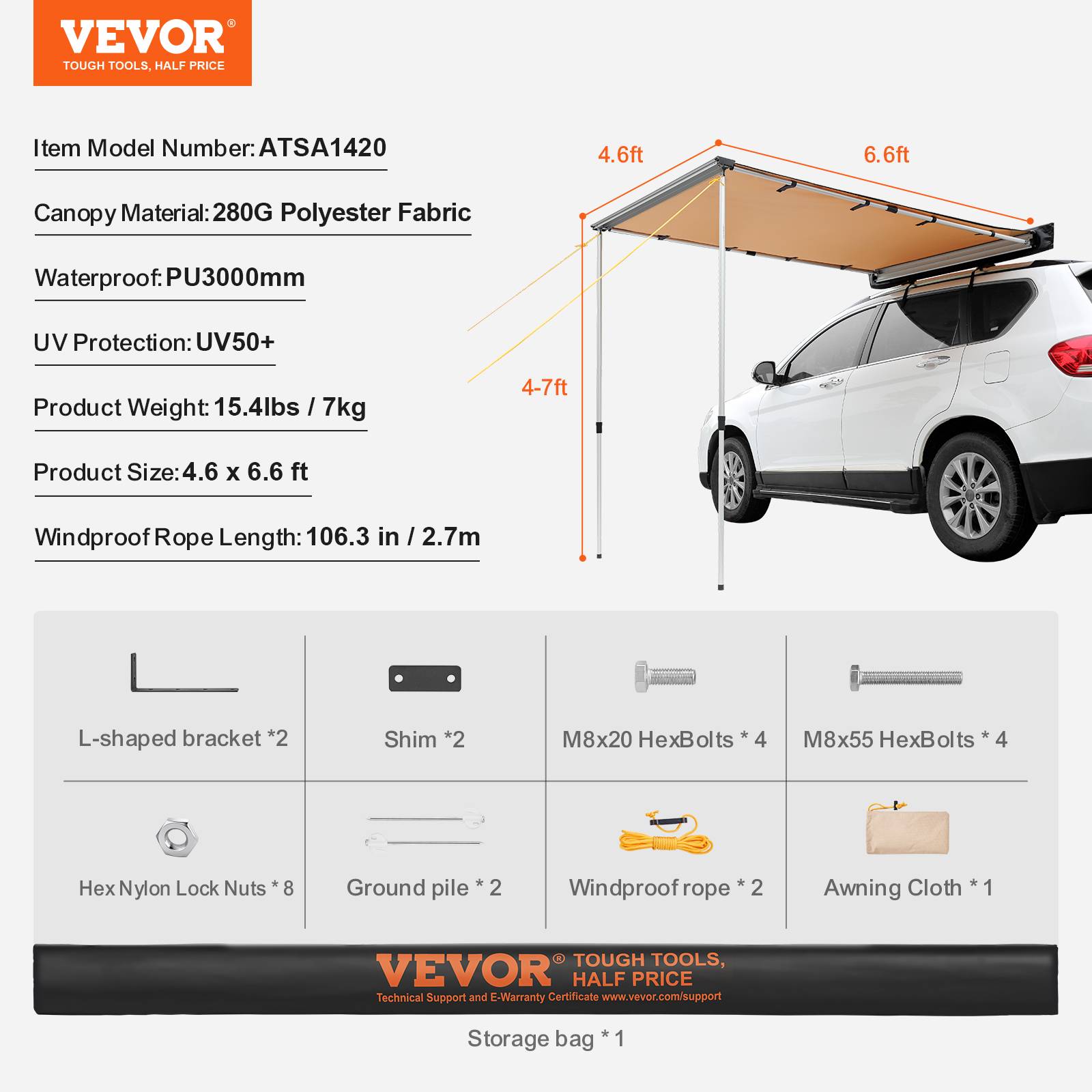 VEVOR Auvent voiture rétractable 1.4x2m, PU résistant UV/eau/vent, avec sac, pour SUV/camping-cars. - Image 7