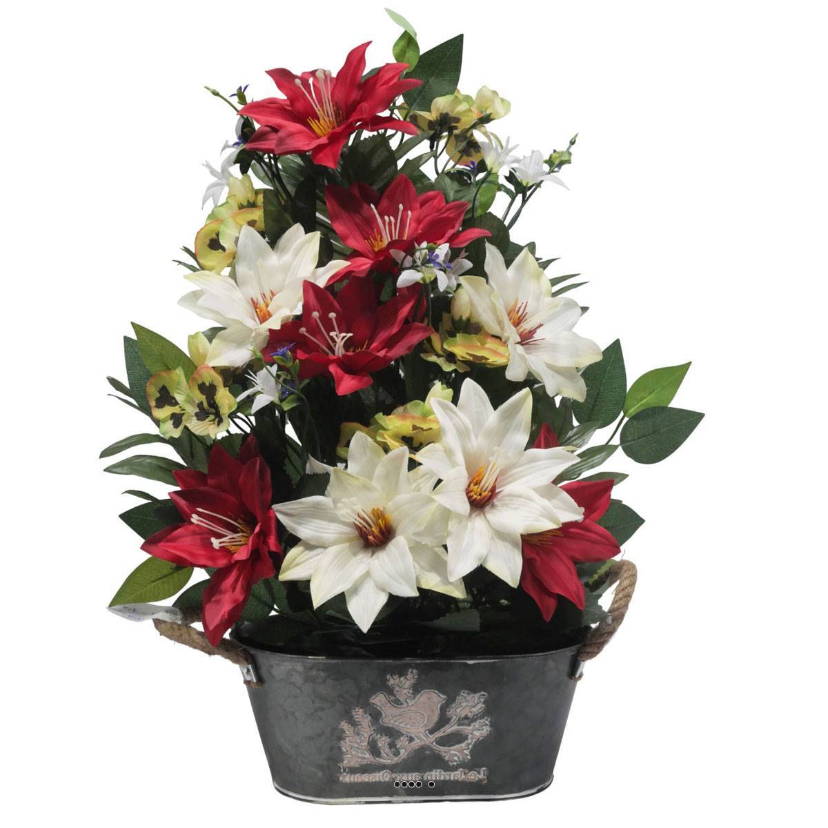 Artificielles - Jardinière Zinc dahlia, Rose, Mini fleurs, Pensée et Ficus Rouge artificiels pour la Toussaint - couleur: Rouge 755 - Image 2