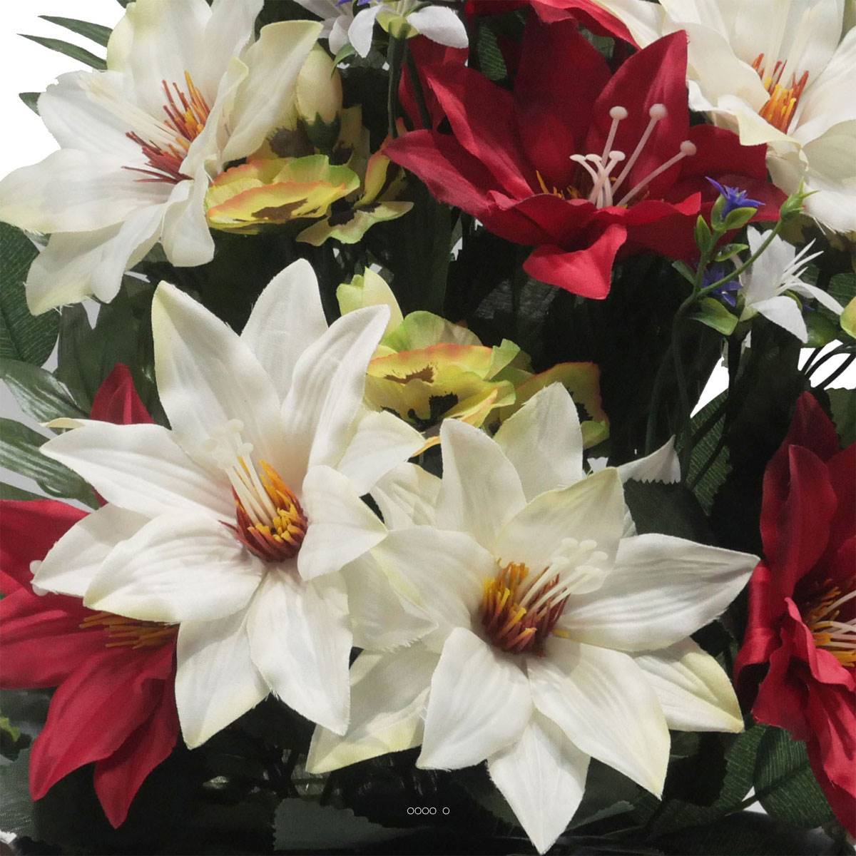 Artificielles - Jardinière Zinc dahlia, Rose, Mini fleurs, Pensée et Ficus Rouge artificiels pour la Toussaint - couleur: Rouge 755 - Image 3