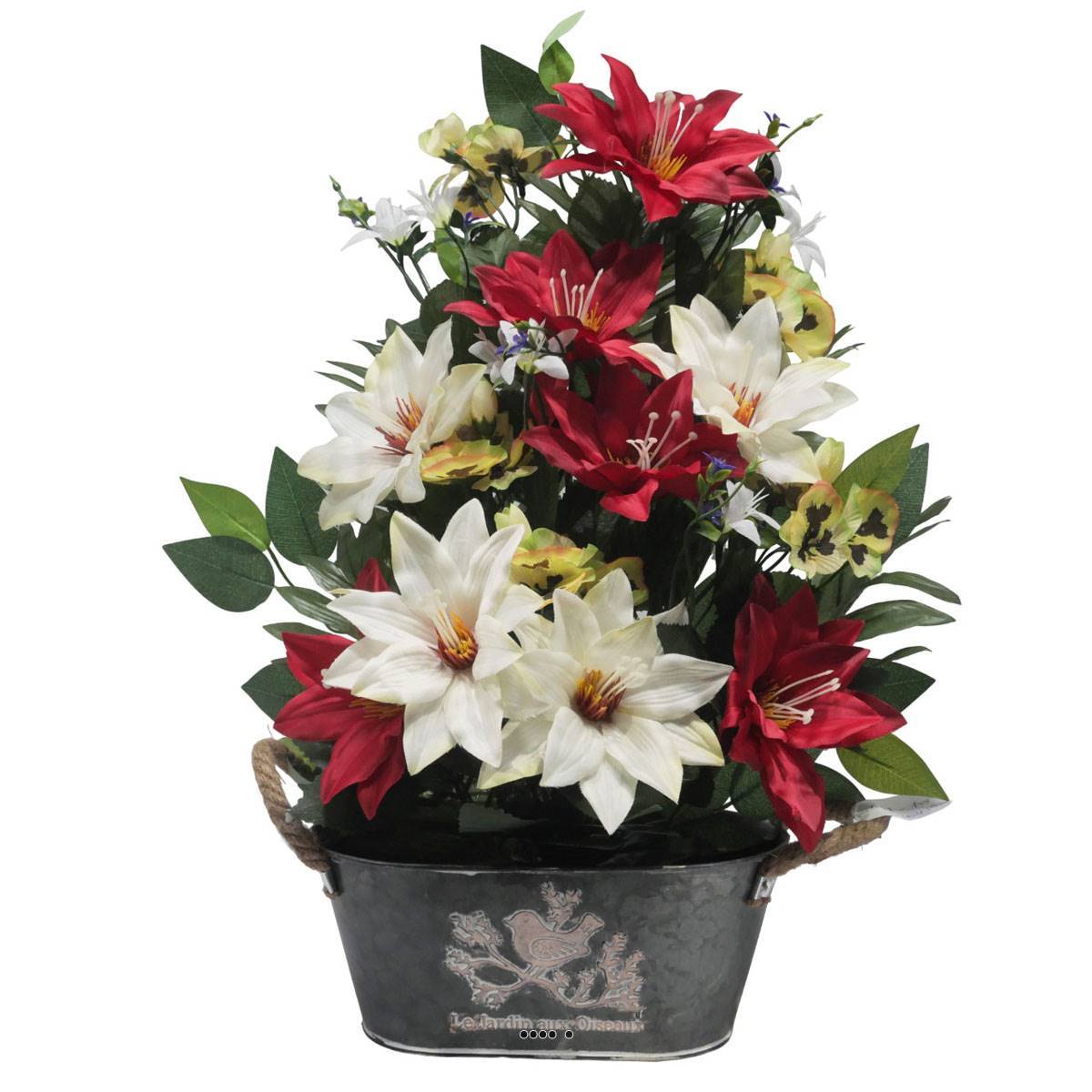 Artificielles - Jardinière Zinc dahlia, Rose, Mini fleurs, Pensée et Ficus Rouge artificiels pour la Toussaint - couleur: Rouge 755 - Image 1