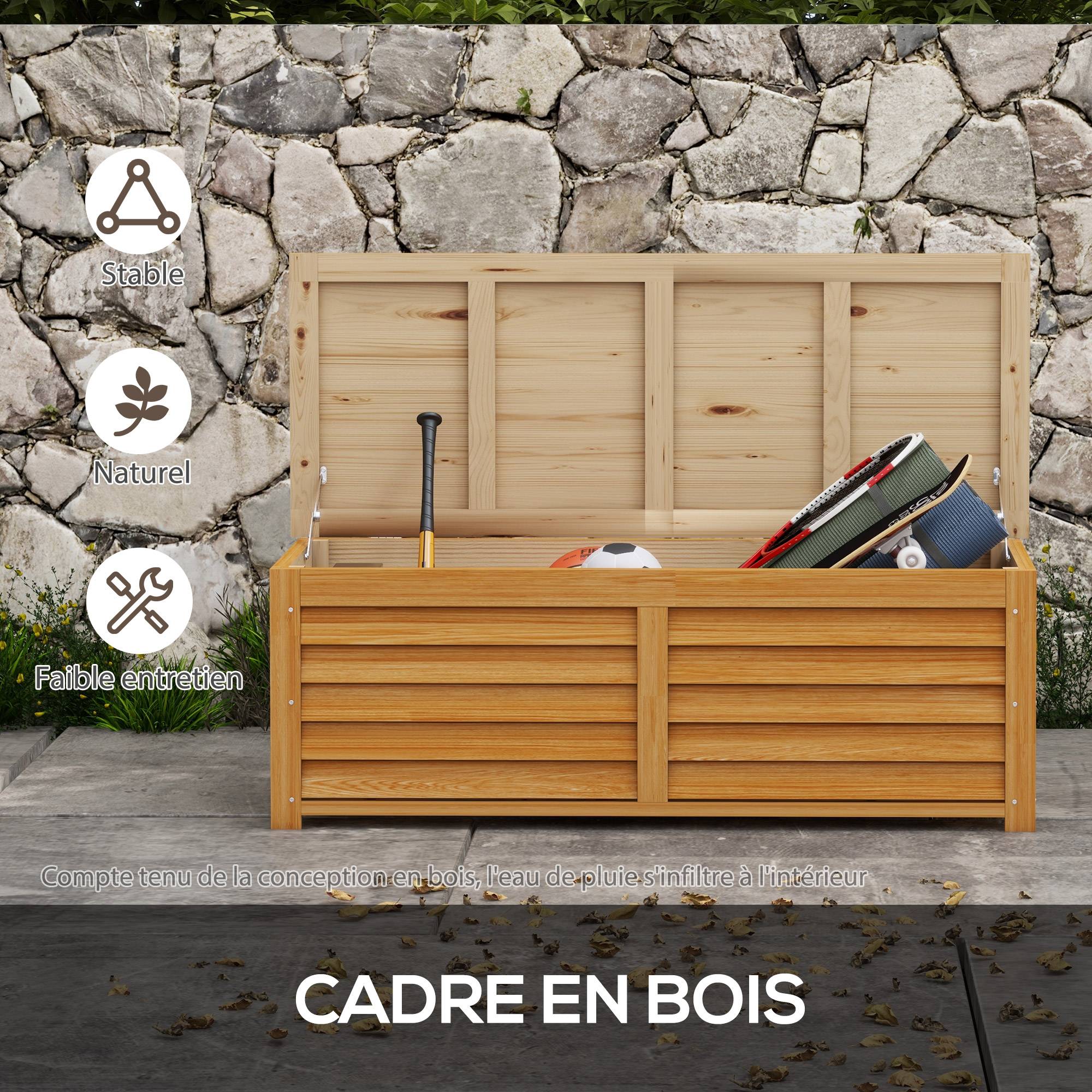 Coffre de rangement extérieur jardin 176L en bois avec poignée, dim. 130L x 50l x 45H cm - Image 8