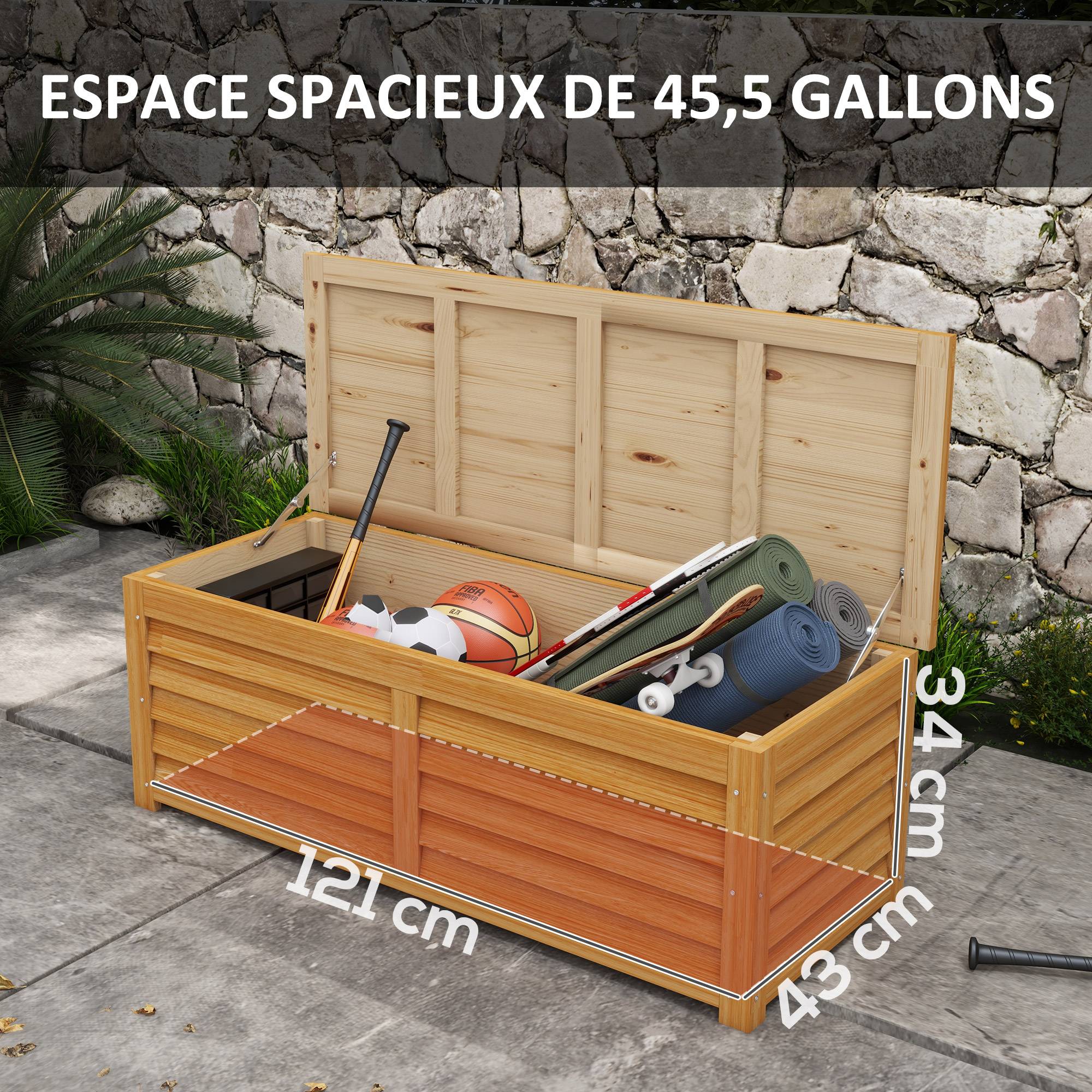 Coffre de rangement extérieur jardin 176L en bois avec poignée, dim. 130L x 50l x 45H cm - Image 6