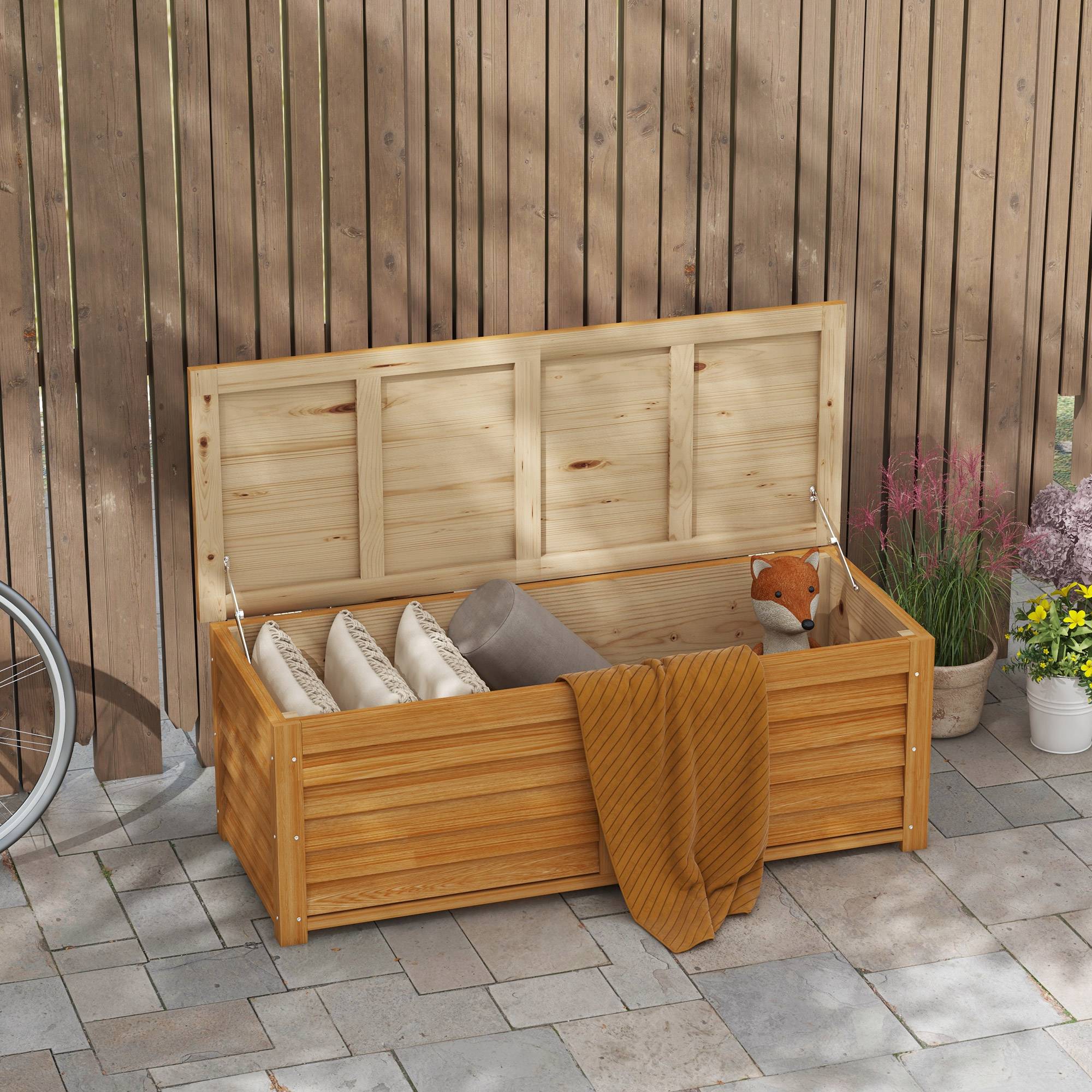 Coffre de rangement extérieur jardin 176L en bois avec poignée, dim. 130L x 50l x 45H cm - Image 4