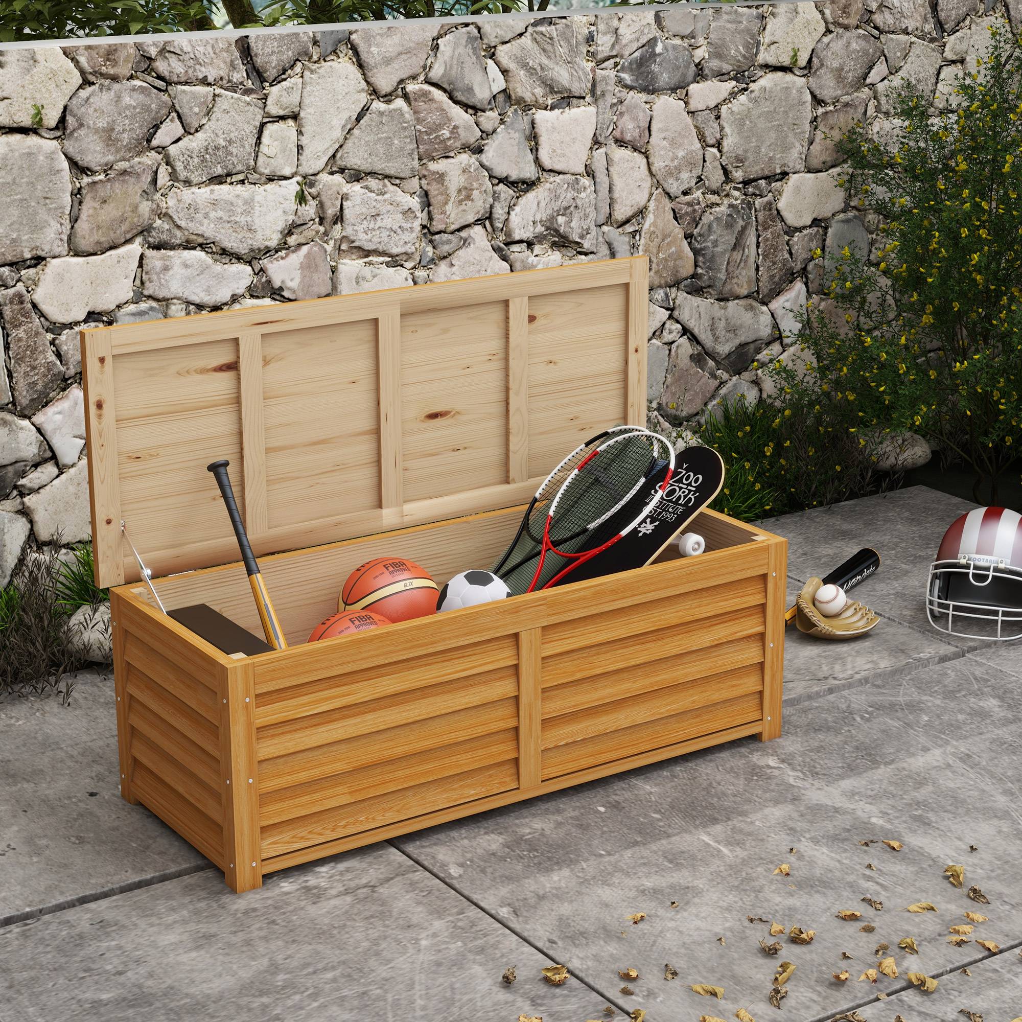 Coffre de rangement extérieur jardin 176L en bois avec poignée, dim. 130L x 50l x 45H cm - Image 3