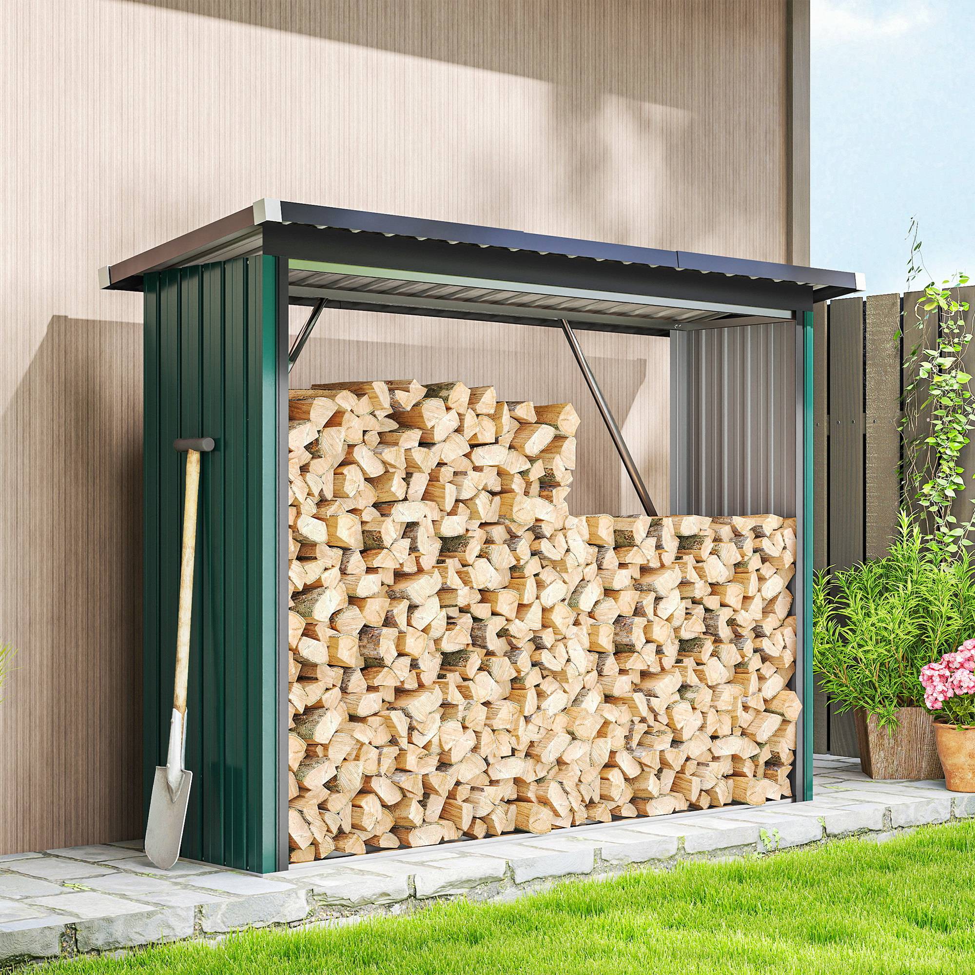 Abri-Bûches Extérieur Acier Galvanisé Rangement Bois Chauffage Toit 213x66x150cm Vert - ComfortXL Outdoor Living - Image 4
