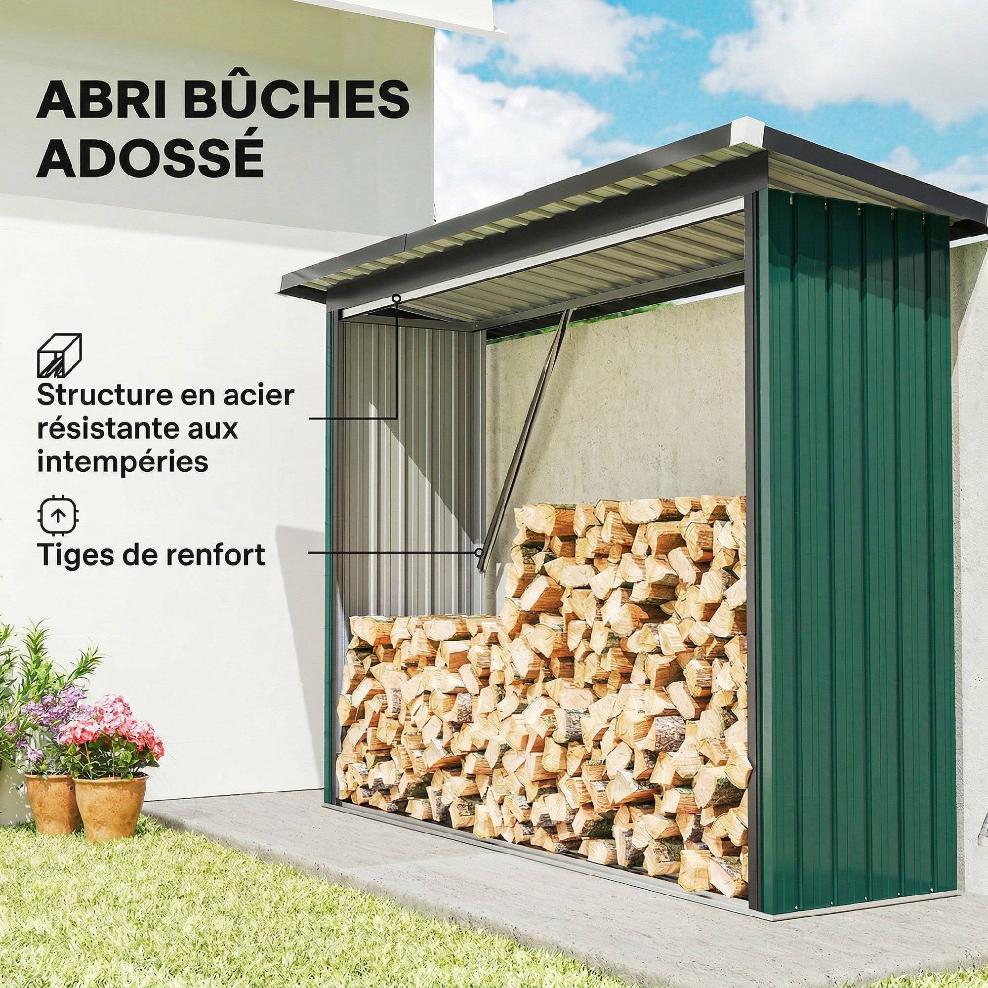 Abri-Bûches Extérieur Acier Galvanisé Rangement Bois Chauffage Toit 213x66x150cm Vert - ComfortXL Outdoor Living - Image 6