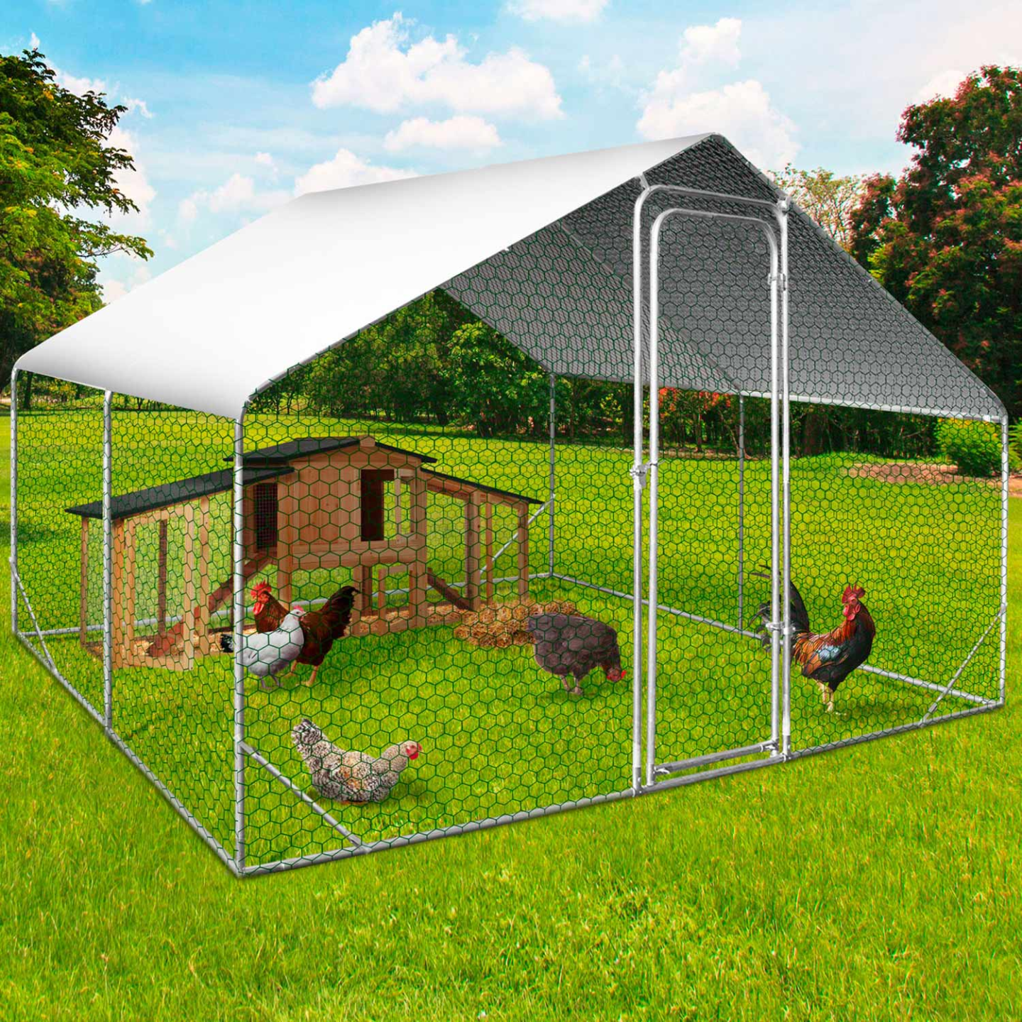 Enclos poulailler 9 m² 3x3 m avec toit étanche et porte – Acier galvanisé – ID Market - Image 1
