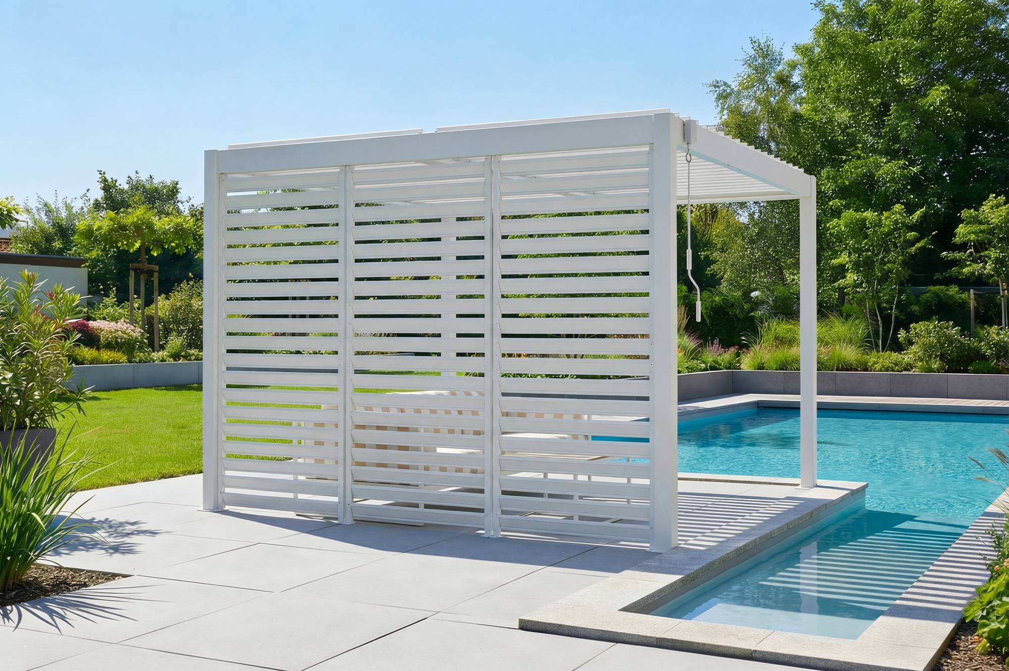 Cazeboo Pergola bioclimatique autoportée 3x3 m PIANA aluminium blanc avec 3 persiennes brise-vue - Image 1