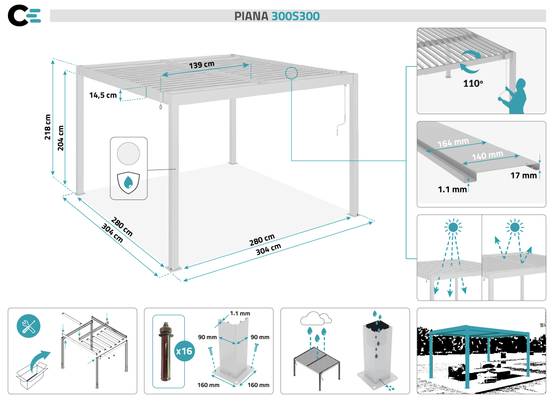 Cazeboo Pergola bioclimatique autoportée 3x3 m PIANA aluminium blanc avec 3 persiennes brise-vue - Image 2