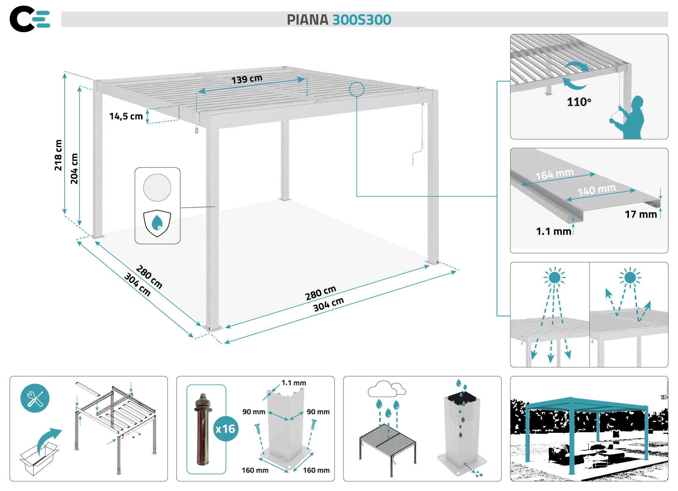 Cazeboo Pergola bioclimatique autoportée 3x3 m PIANA aluminium blanc avec 3 persiennes brise-vue - Image 2