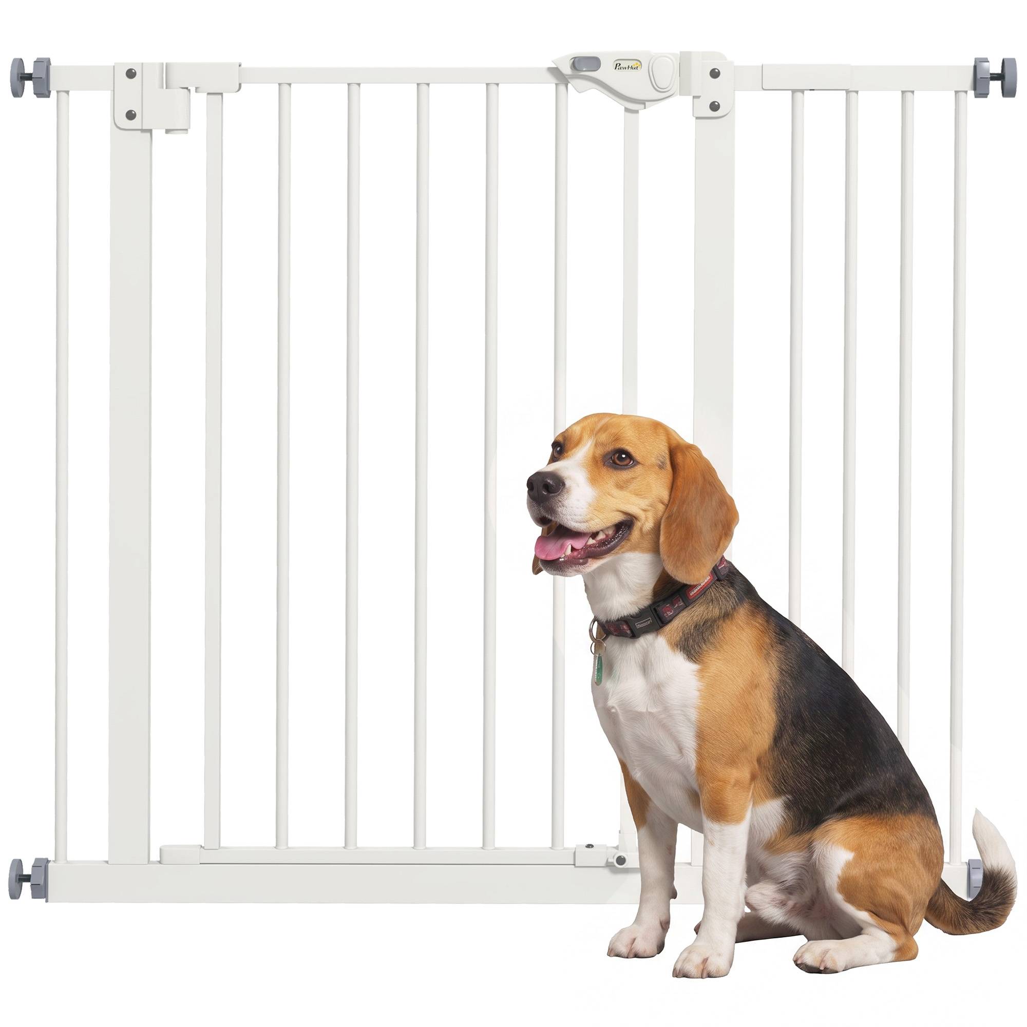 Barrière de porte pour chien, protection animal, métal, plastique, 74-80/87-94 cm, blanc - Image 1
