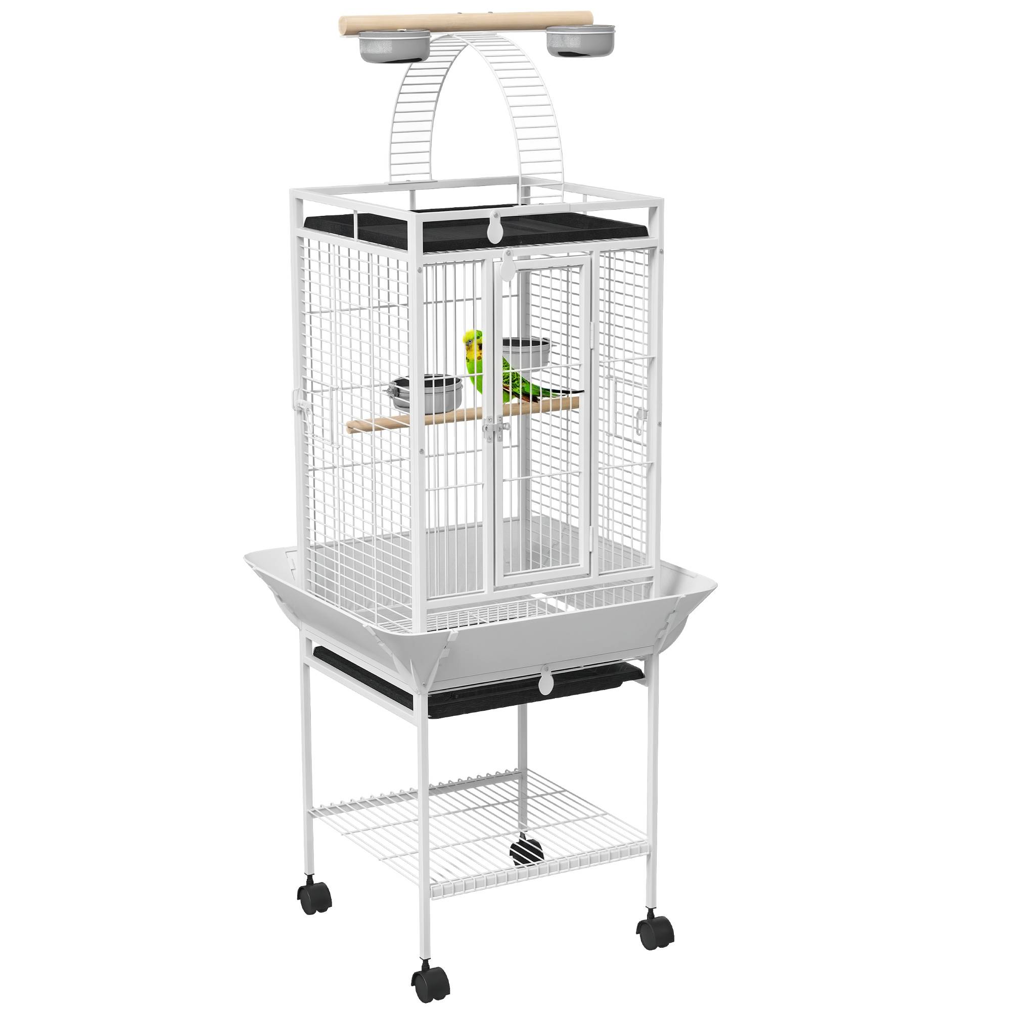 Sans Marque - Cage pour perroquets, 3 portes, 2 perchoirs, roulettes, gamelle, étagère, 62,5x62,5x156cm, blanc - Image 1