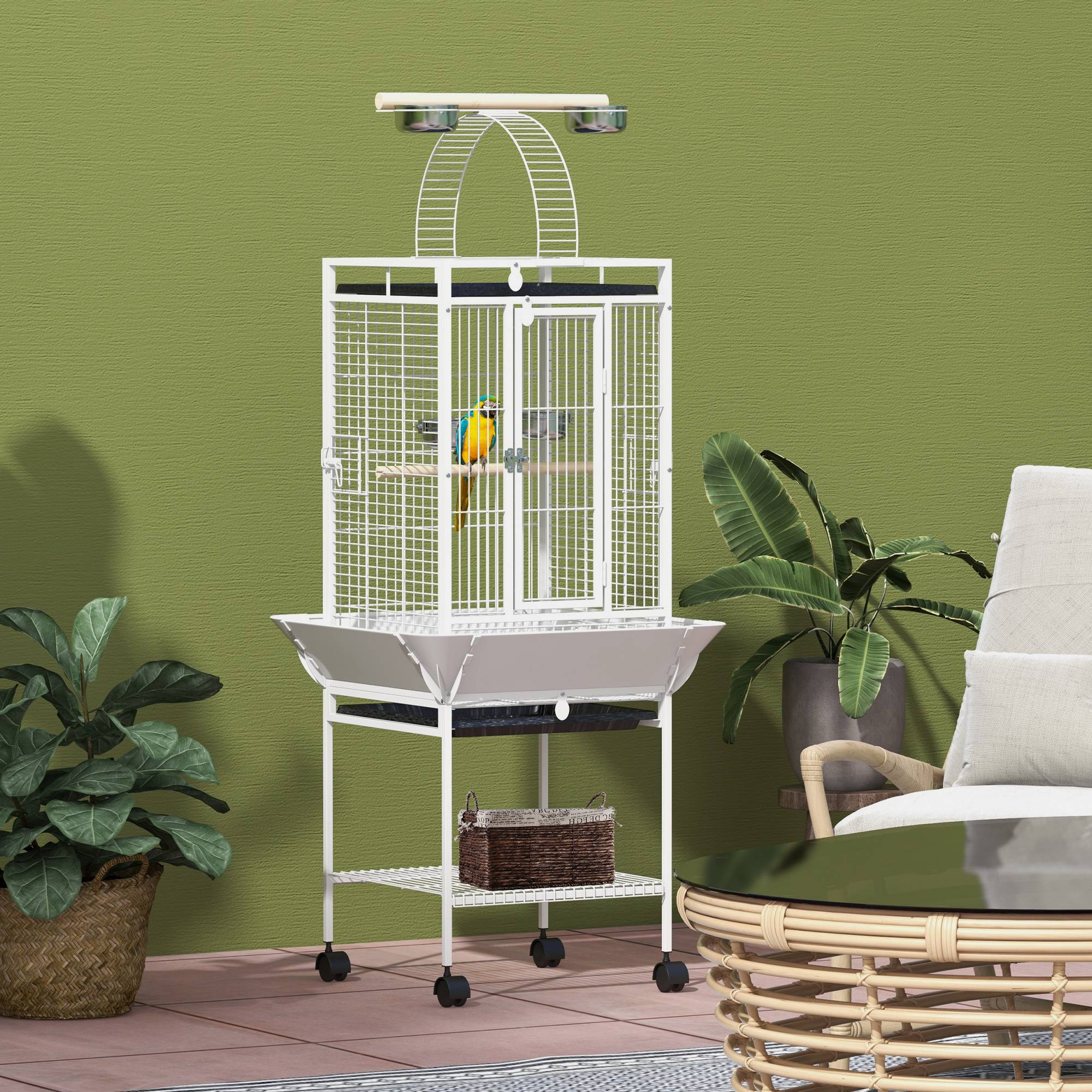 Sans Marque - Cage pour perroquets, 3 portes, 2 perchoirs, roulettes, gamelle, étagère, 62,5x62,5x156cm, blanc - Image 4