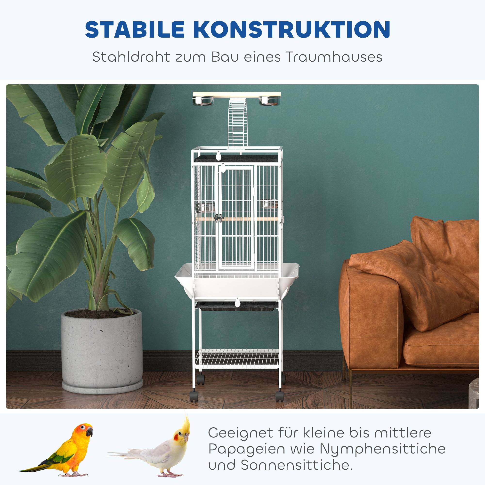 Sans Marque - Cage pour perroquets, 3 portes, 2 perchoirs, roulettes, gamelle, étagère, 62,5x62,5x156cm, blanc - Image 9