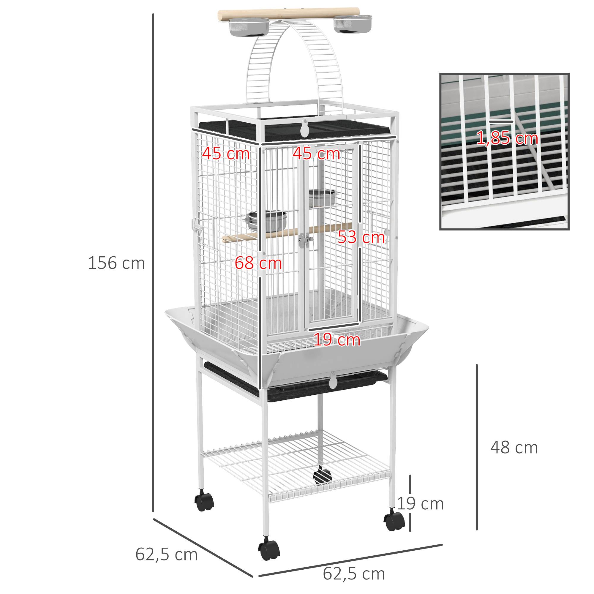 Sans Marque - Cage pour perroquets, 3 portes, 2 perchoirs, roulettes, gamelle, étagère, 62,5x62,5x156cm, blanc - Image 5