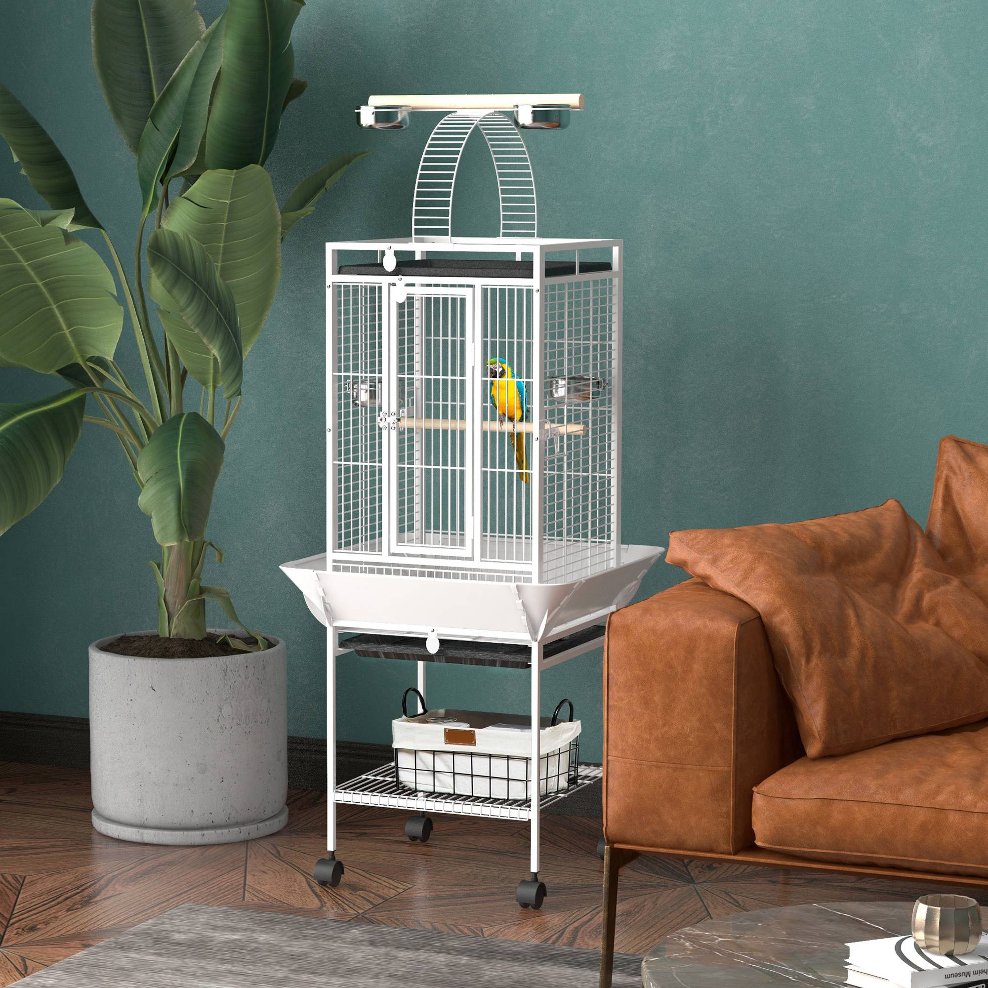 Sans Marque - Cage pour perroquets, 3 portes, 2 perchoirs, roulettes, gamelle, étagère, 62,5x62,5x156cm, blanc - Image 3