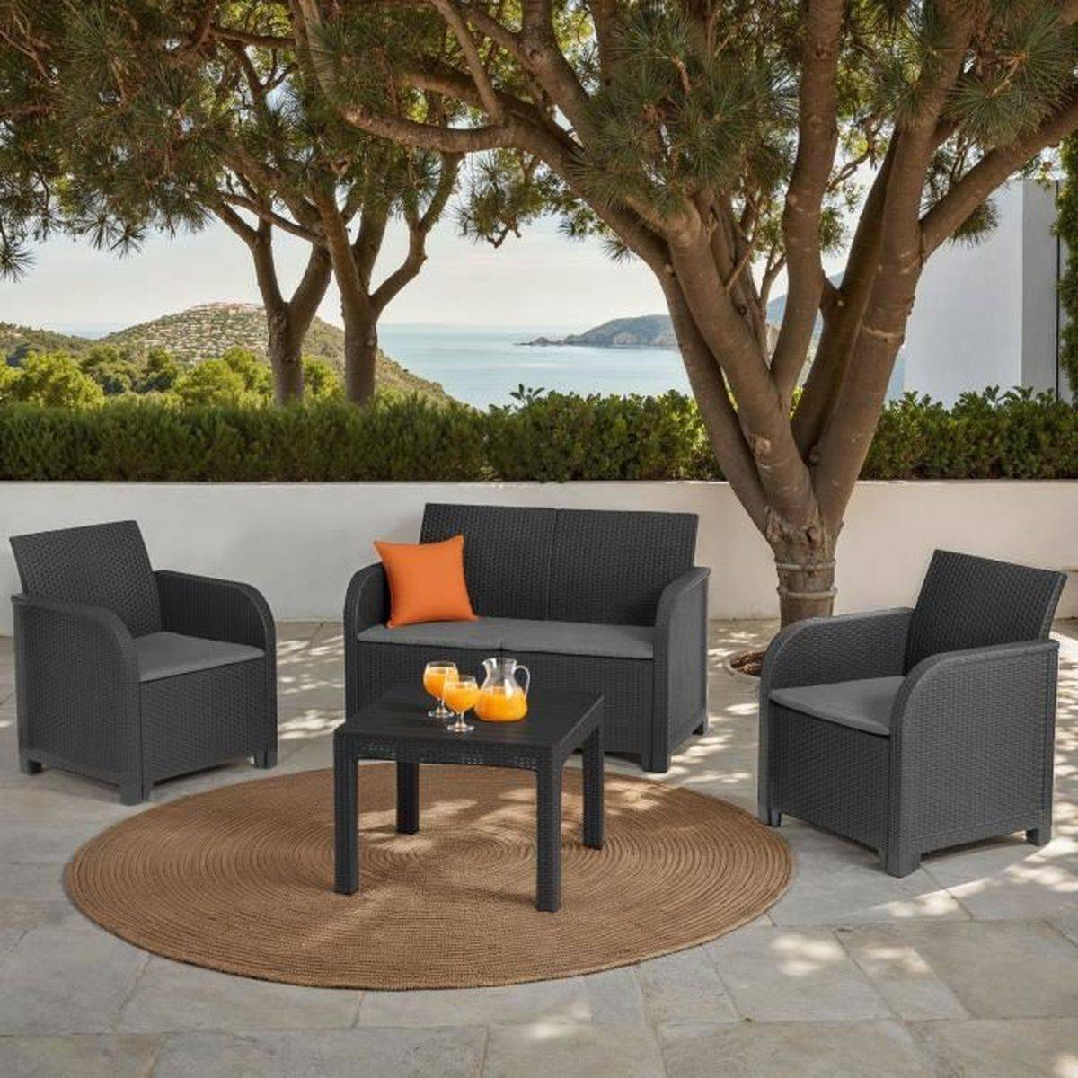 Salon de jardin résine graphite SanRemo 4 places, banquette 2 places, 2 fauteuils et table basse - ALLIBERT by KETER - Image 4