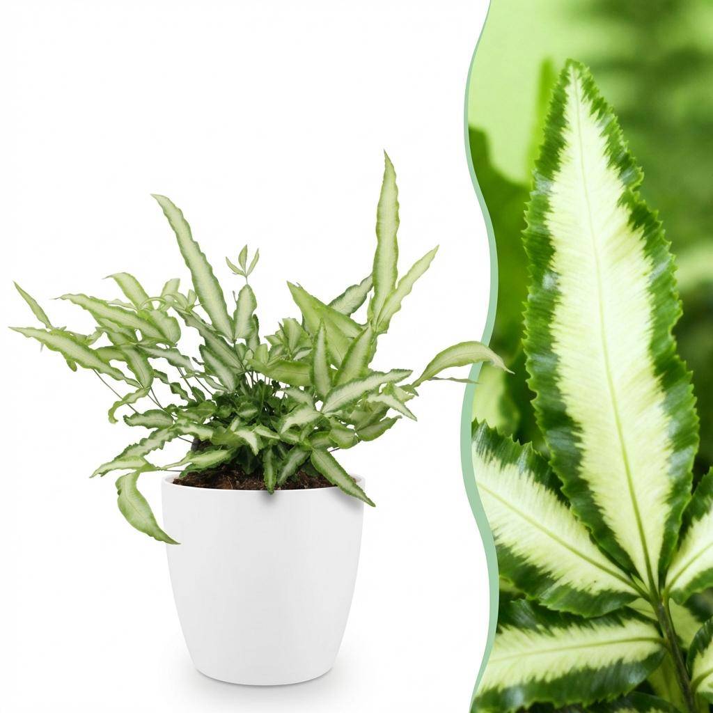 La Green Touch - Pteris cretica Albolineata - Fougère ruban - Avec cache-pot blanc - Pot Ø20 cm, H 30 cm - Image 1