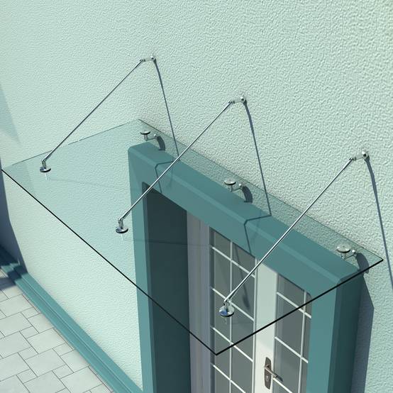 Marquise de porte verre trempé et acier inoxydable transparent 200 x 90 x 12 cm - PANGIVO - Image 3