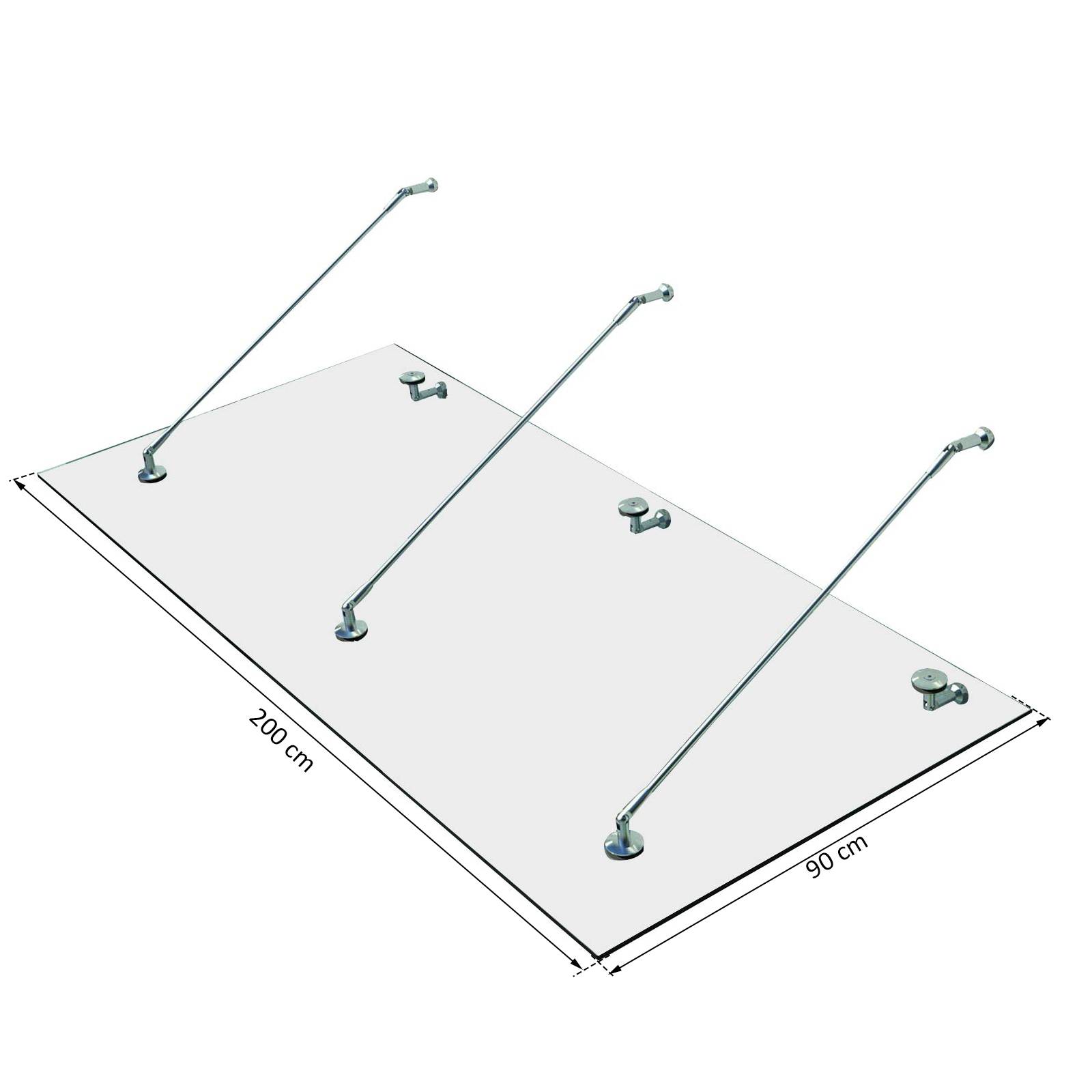 Marquise de porte verre trempé et acier inoxydable transparent 200 x 90 x 12 cm - PANGIVO - Image 5