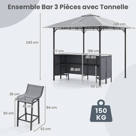 Tonnelle de Bar de Patio en 3 Pièces 245 x 245 CM avec 2 Tabourets de Bar, Abri Barbecue Double Toit Table de Bar Porte-Verres à Vin, Gris - Image 4