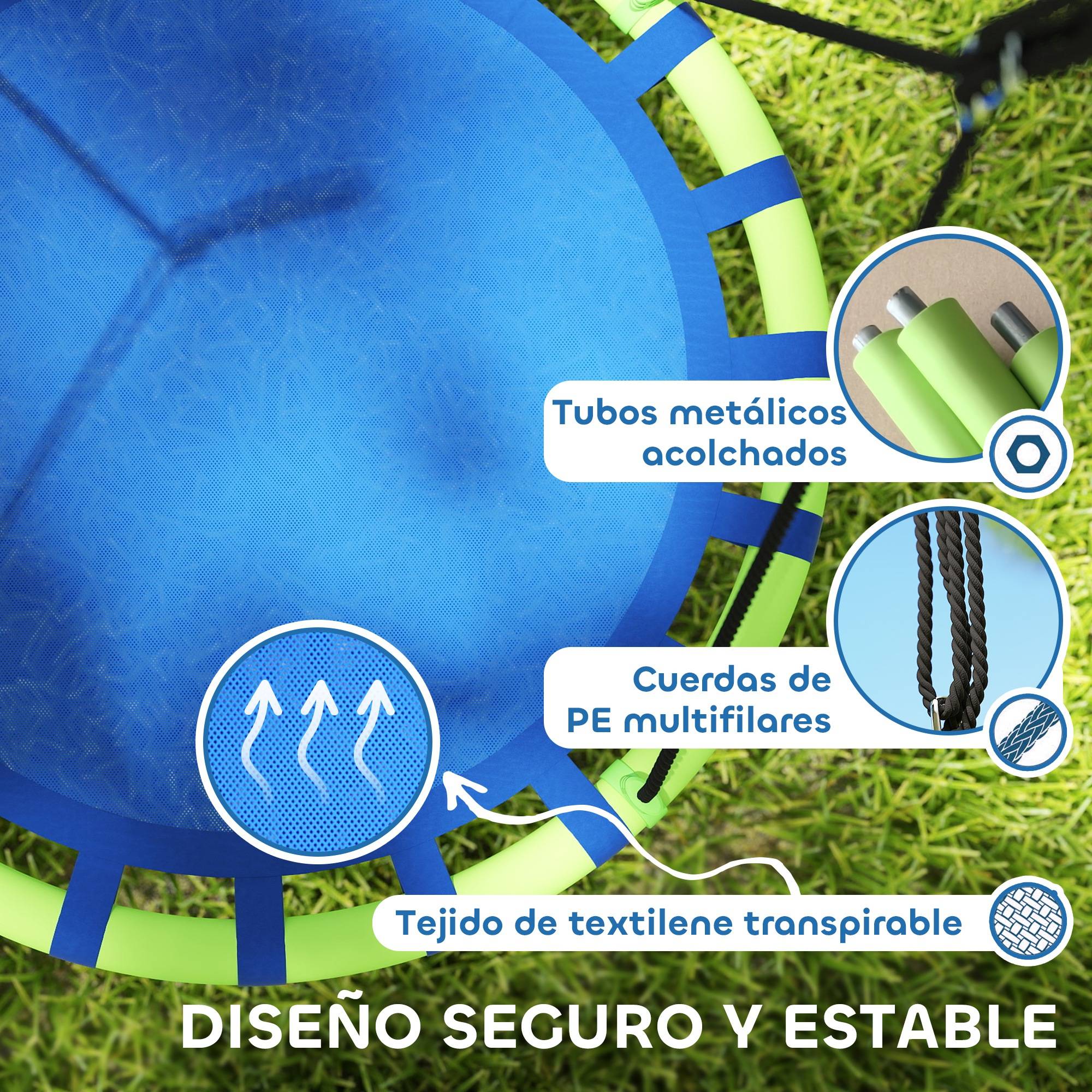 Balançoire nid bleu et vert Ø100 cm hauteur ajustable charge 150kg fixation arbre jardin - Image 6